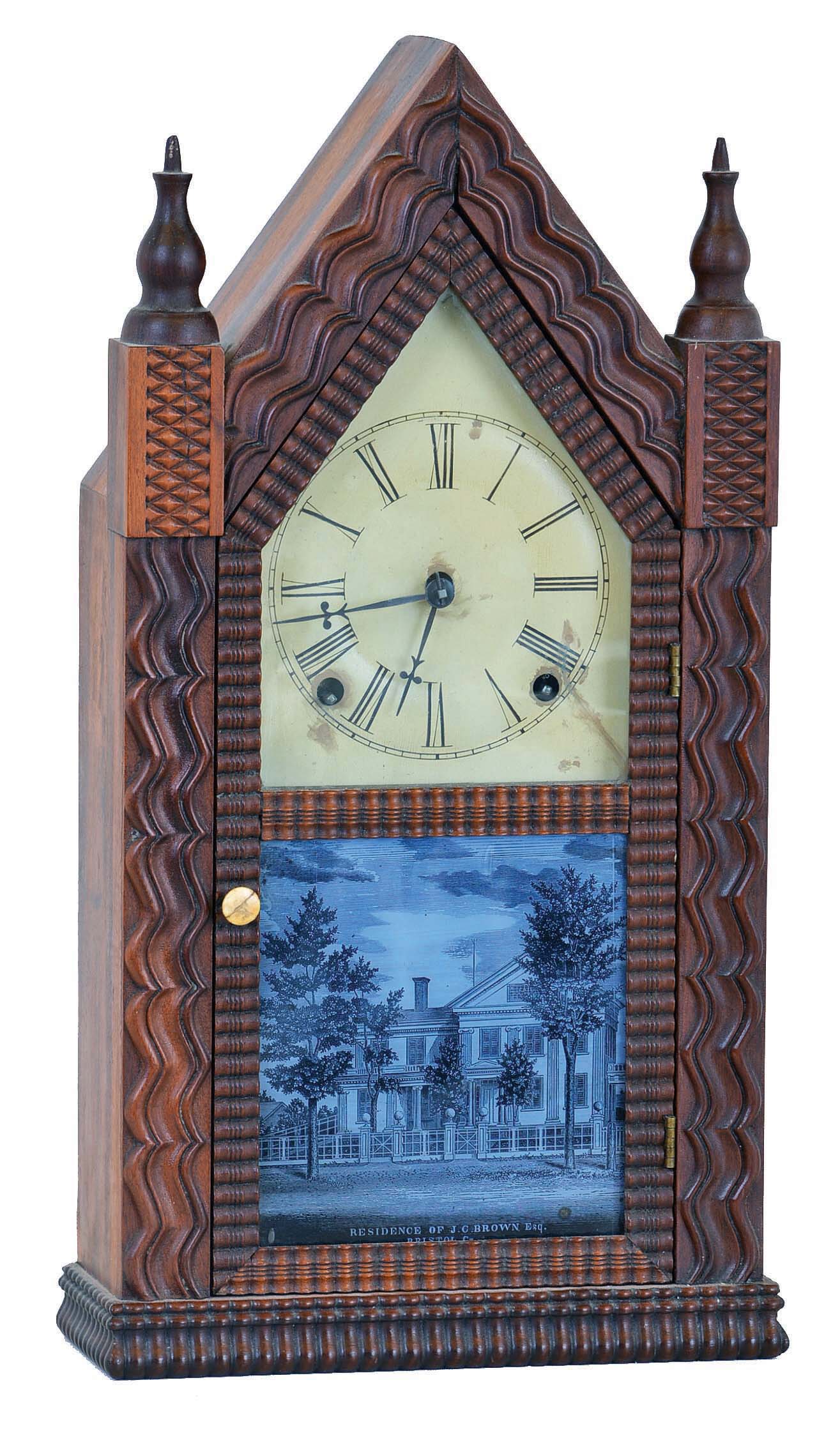 J. C. Brown, Bristol, Conn., 8 day time &amp; strike movement in full size rippled sharp Gothic or "steeple" case. — Antique Clocks Price Guide