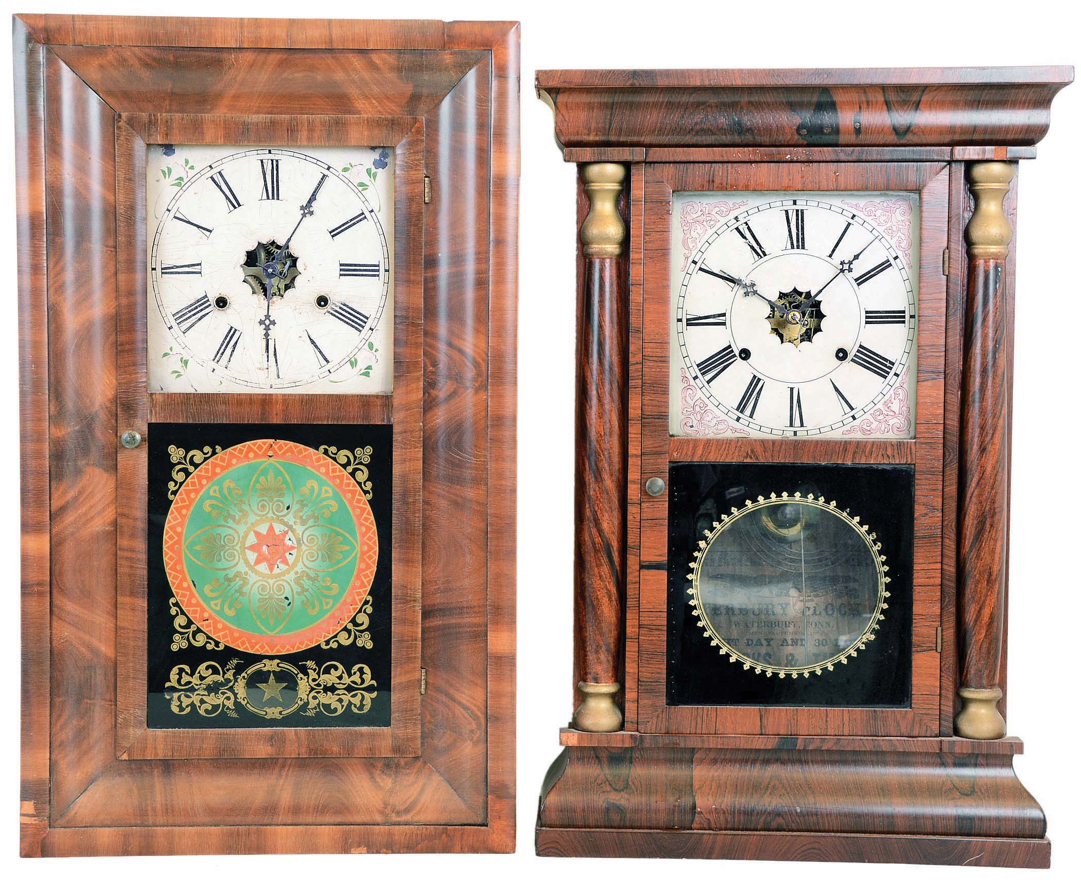 Clocks- 3 (Three): E. N. Welch Mfg. Co. Forestville, Conn., 30 hour, time and strike weight brass movement OOG shelf clock. c1875 (2) Waterbury Clock Co., Waterbury, Conn., "Column", 30 hour, time and strike weight brass movement column &amp; cornice shelf clock. c1870 (3) Connecticut, Possibly an E. Terry &amp; Sons, 30 hours, time and strike weight wood movement quarter column &amp; splat shelf clock. c1830 — Antique Clocks Price Guide