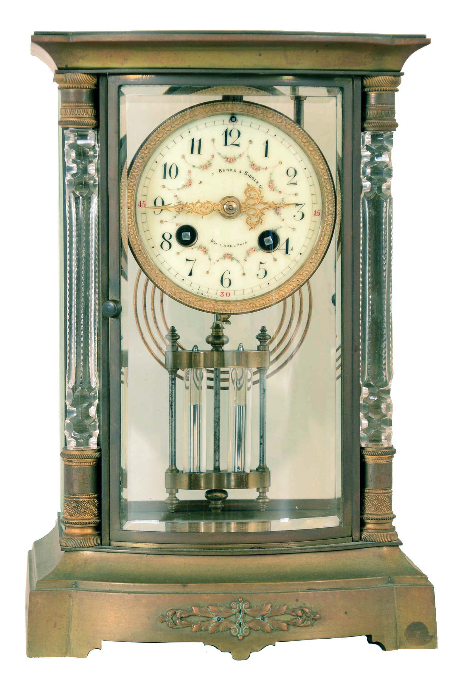 French, Marti, 8 days, time and strike spring brass movement crystal regulator retailed by Bailey, Banks and Biddle, Philadelphia, — Antique Clocks Price Guide