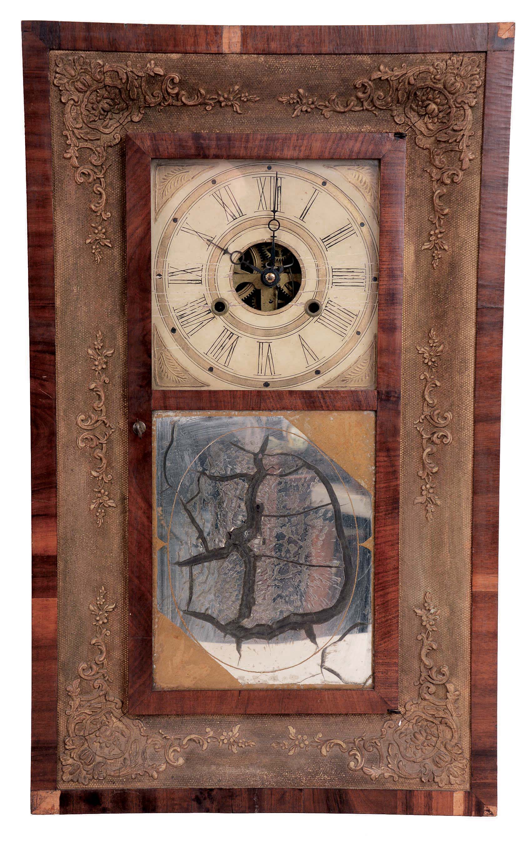 Unknown, Connecticut 30 hour, time and strike weight brass movement in mahogany and gilt front OG shelf clock. These clocks were made by such firms as: H. Welton &amp; Co., Terrysville, Conn., and William S. Johnson, New York. — Antique Clocks Price Guide