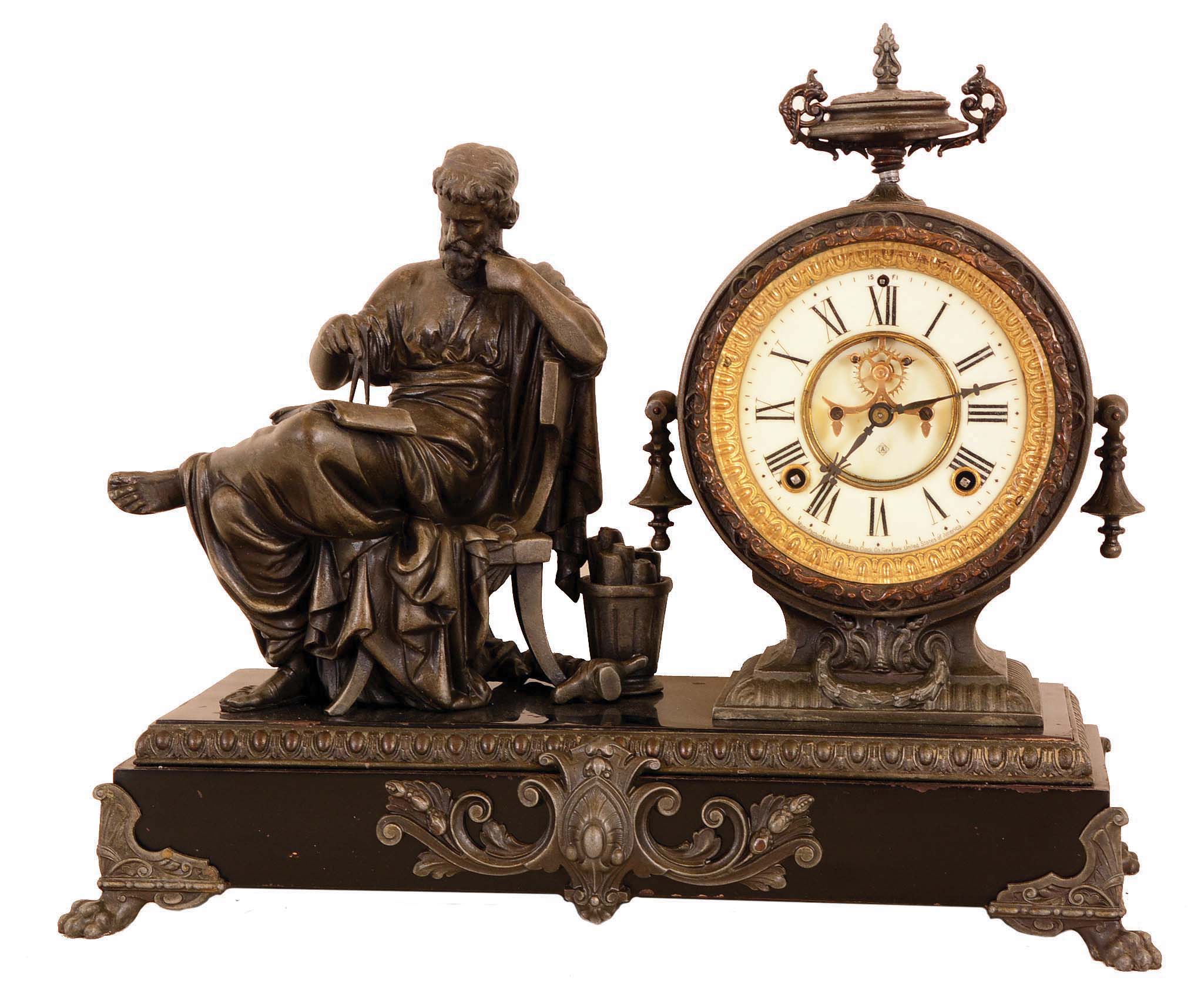 Ansonia Clock Co., New York, NY, "Philosopher" figure shelf clock with a spring driven 8 days time and half hour strike visible escapement movement. — Antique Clocks Price Guide