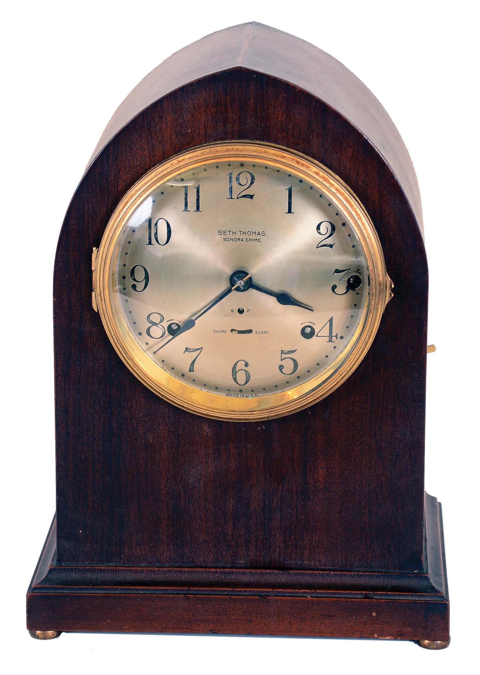 Seth Thomas Clock Co., Thomaston, Conn., "Chime Clock No. 14", 8 day, time and strike spring brass movement with 5-bell Sonora chimes. — Antique Clocks Price Guide