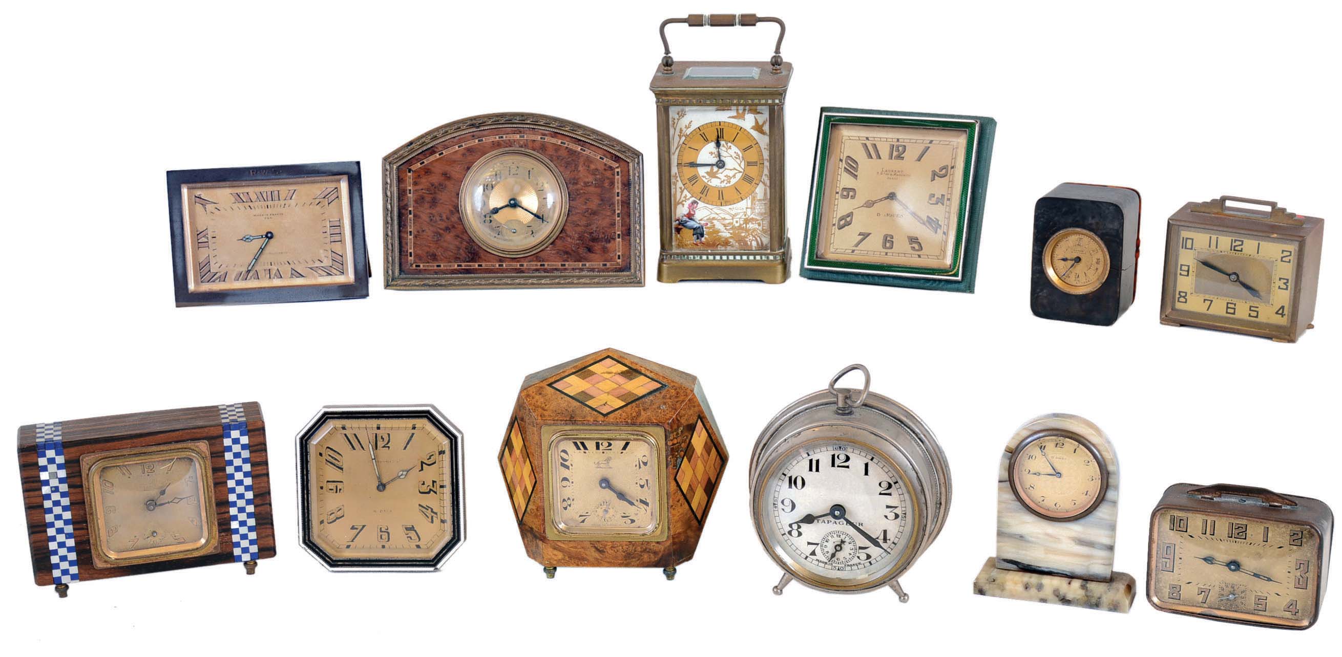Clocks- 12 (Twelve) French Desk 8 day and 30 hour, some with alarm, in decorative cases of stone, metal, wood and tortoiseshell; early to mid 20th century — Antique Clocks Price Guide