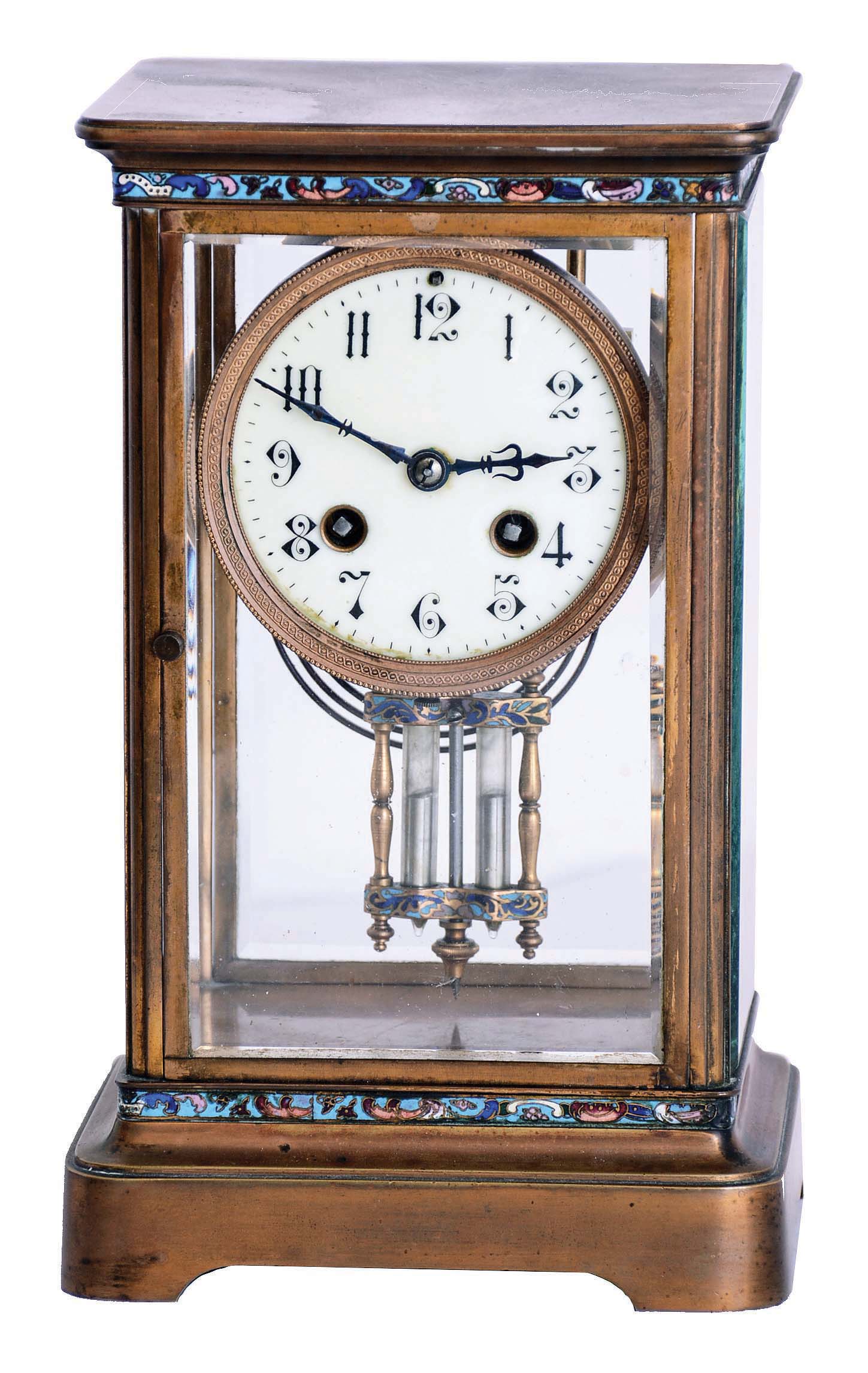 French, 8 days, time and strike spring brass movement crystal regulator with colorful champleve decoration on case and pendulum. — Antique Clocks Price Guide
