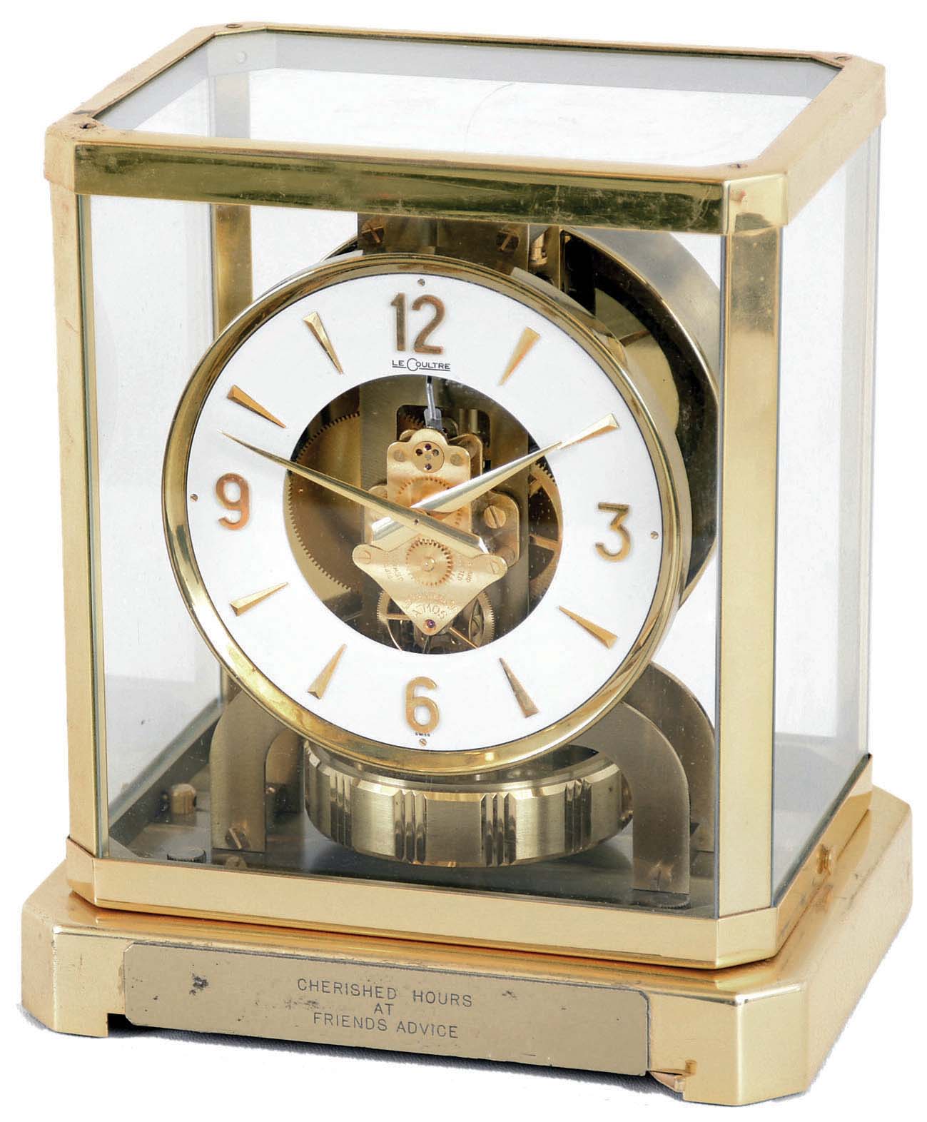 LeCoultre, Switzerland, "Atmos" perpetual glass and gold-plated brass clock #178913, c1963 — Antique Clocks Price Guide