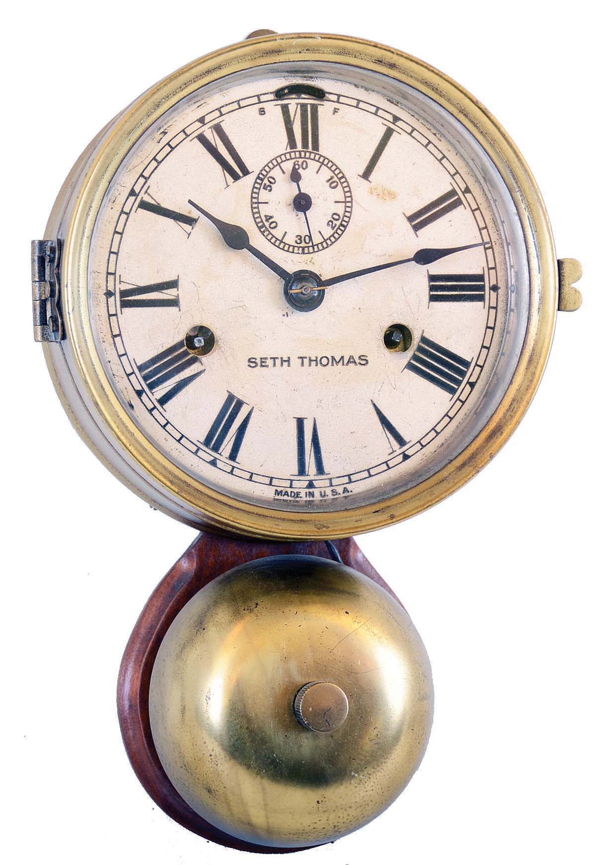 Seth Thomas Clock Co., Thomaston, Conn., 30 hour outside bell brass ship's bell striking marine wall clock, — Antique Clocks Price Guide