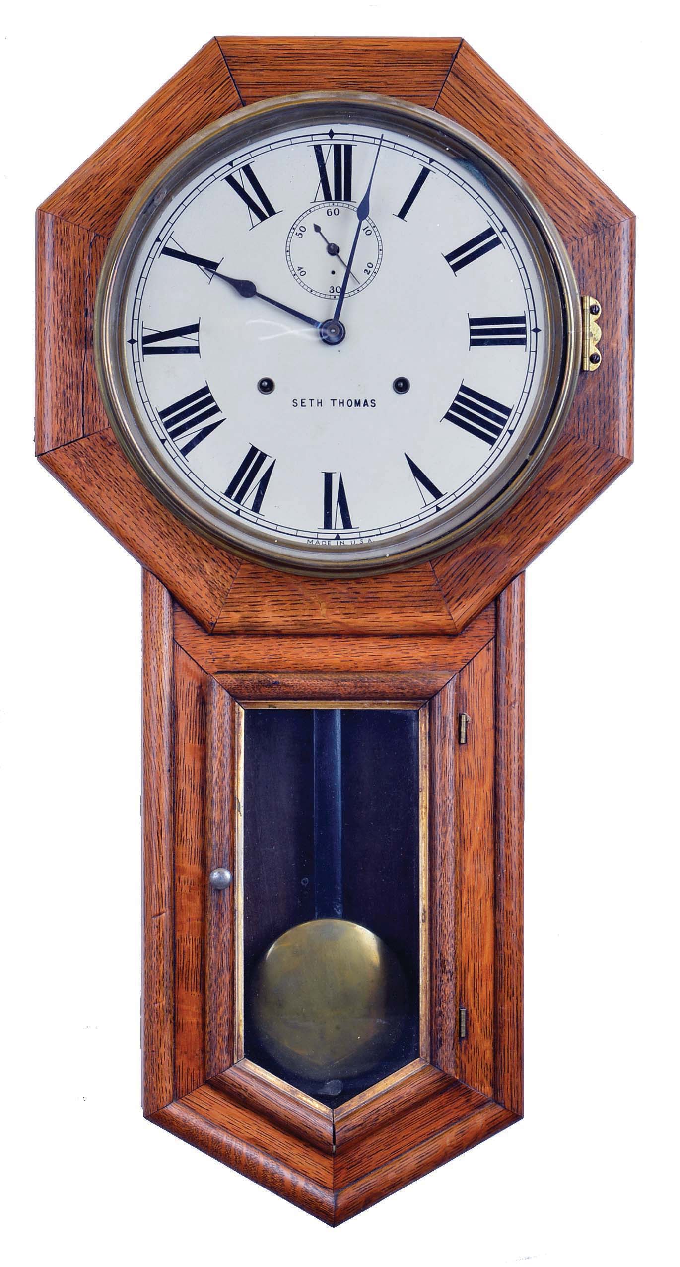 Clocks- 2 (Two): Seth Thomas Clock Co., Thomaston, Conn., "World", 15 day, spring brass movement wall timepiece. c1909 (2) Seth Thomas Clock Co., Thomaston, Conn., "World", 15 day, spring brass movement wall timepiece. c1898 — Antique Clocks Price Guide