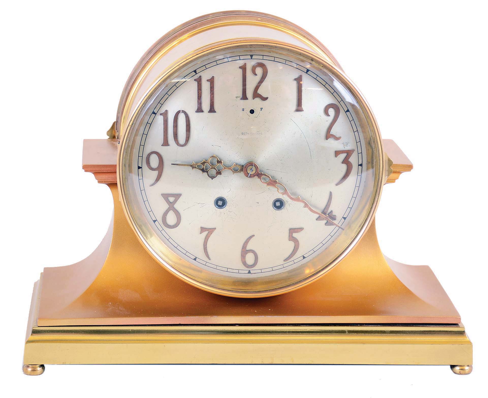 Seth Thomas Clock Co., Thomaston, Conn., "Colossal" gold plated metal 8 day time and strike mantel clock, — Antique Clocks Price Guide