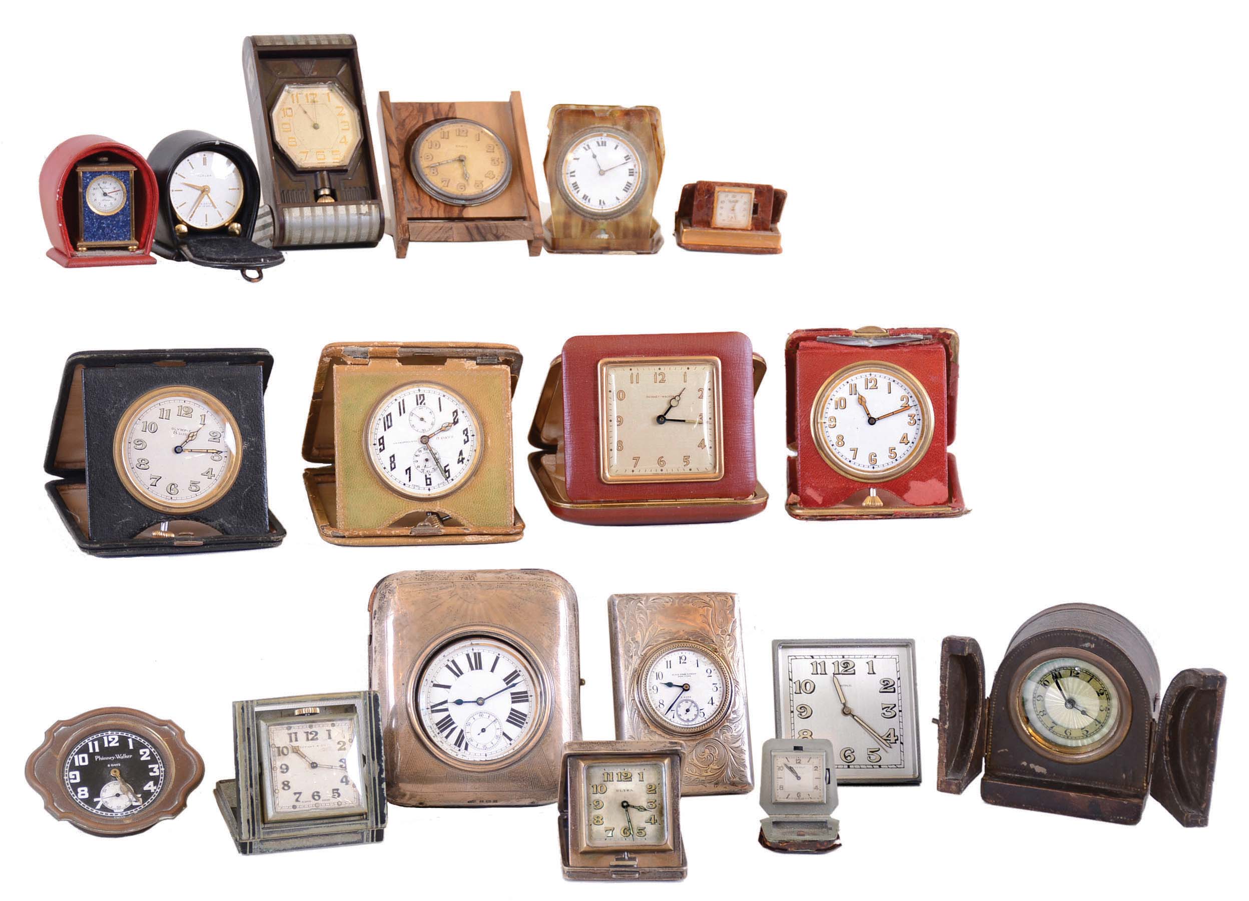 Clocks- 18 (Eighteen) European travel and small cased clocks; visible maker and seller names include Ultra, Nepro, Turler, Tiffany, Kelbert, Olympic, Benrus, Black Starr &amp; Frost (in sterling case) , J.E. Caldwell, Eterna, Phinney Walker, Majestic, etc. Early 20th century — Antique Clocks Price Guide