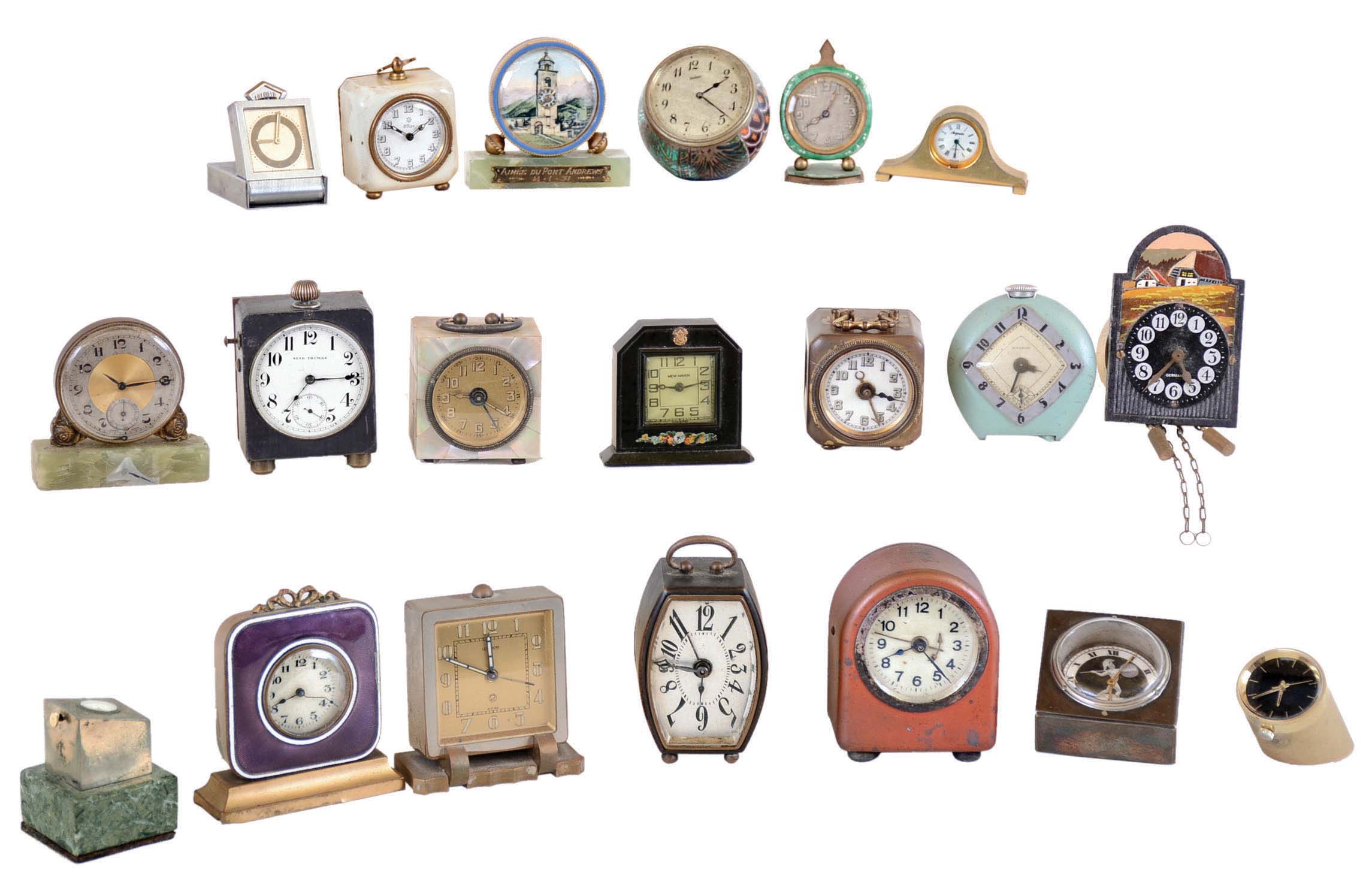 Clocks- 20 (Twenty) very small metal case desk clocks, mostly antique and vintage, some with marble and enamel. Maker names include Junghans, Zenith, Seth Thomas, Gruen, New Haven, Le Coultre, and several unsigned. — Antique Clocks Price Guide