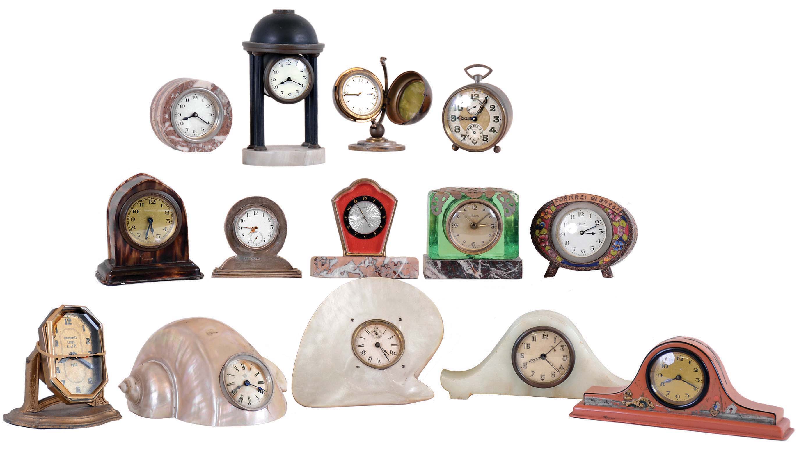 Clocks- 14 (Fourteen) decorative small desk clocks, all vintage, some with enamel and marble, 2 seashells. Makers include Waterbury, Ansonia, Hamburg American, Lux, Kaiser, Veglia (Italian) , Renzie, Zenith, and Gubelin. — Antique Clocks Price Guide