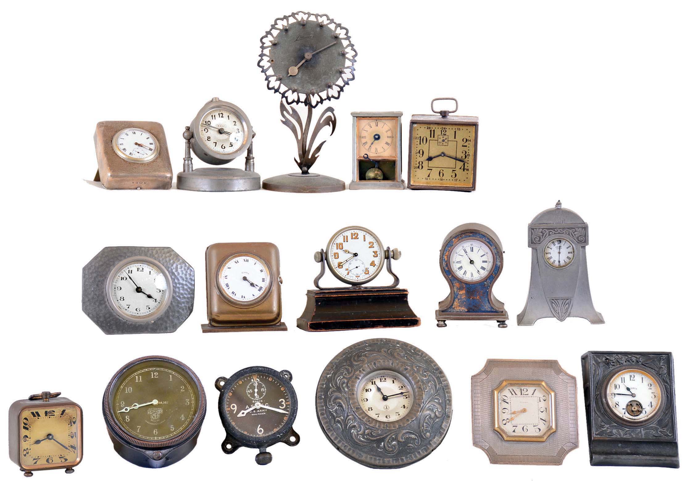 Clocks- 16 (Sixteen) small desk and novelty clocks in metal cases, two black military (Waltham and Smiths): .All vintage — Antique Clocks Price Guide