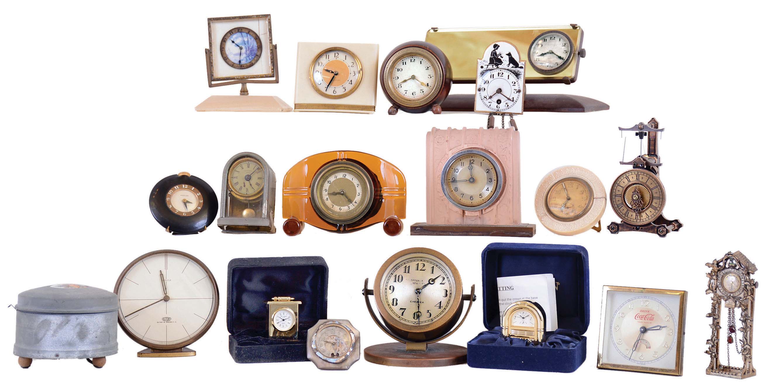 Clocks- 19 (Nineteen) mostly vintage mechanical, includes Chelsea "Corona" for Tiffany. Other names include Westclox, Abercrombie &amp; Fitch, Parker &amp; Whipple, Kienzle for duPont, Linden, and W. Widdop quartz in folding box with gift note to Eli Wallach from actor Brian Murray — Antique Clocks Price Guide