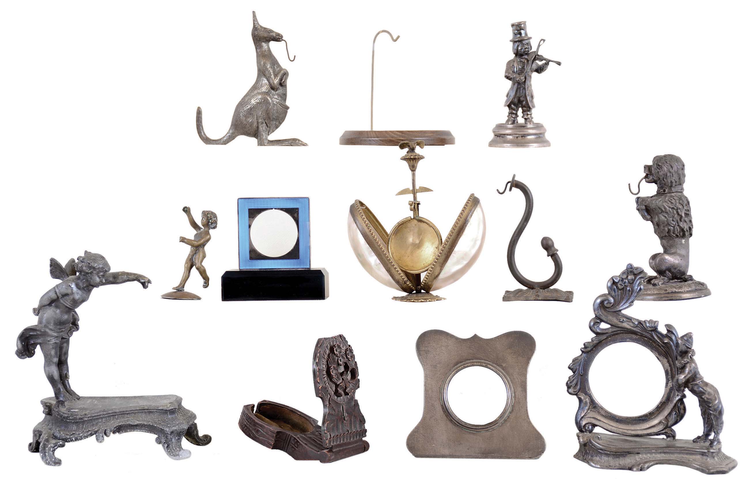 Watch Holders and Small Clock Cases- 12 (Twelve) mostly cast metal and vintage, some silver plate — Antique Clocks Price Guide