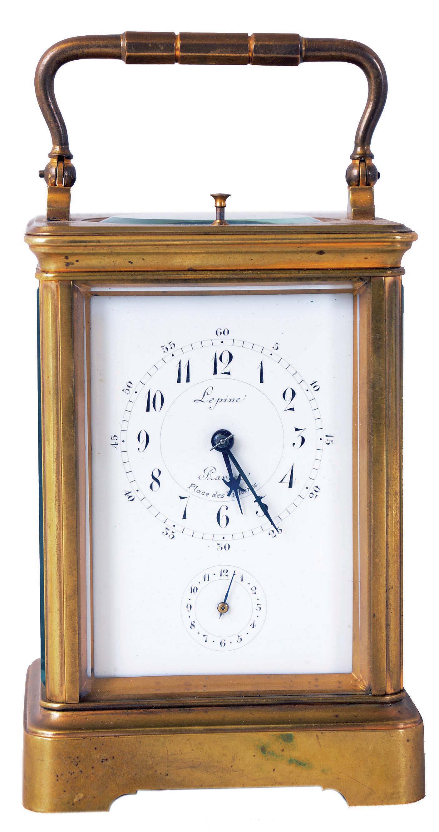 Lepine, a Paris, grand sonnerie striking carriage clock, gilt Corniche case with beveled glasses, Arabic numeral white enamel dial with subsidiary alarm chapter, blued steel hands, 8 day time and strike movement with lever platform, sounding the hour and quarters in passing, and repeating on demand, with lever for selecting grand sonnerie, petit sonnerie, and silence, dial and movement signed, serial #30522 — Antique Clocks Price Guide