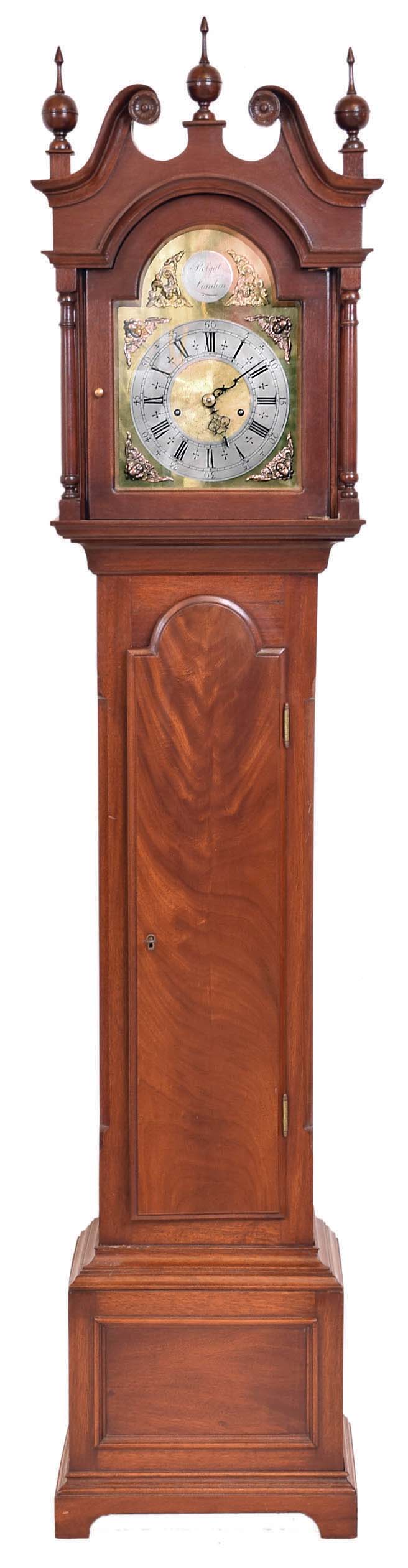 Grandmother tall clock reproduction of 18th century English clock, signed "Rolyat London", 8 days, time and bell strike, brass weight driven movement in a mahogany case with brass dial and silvered chapter ring and maker's boss. — Antique Clocks Price Guide