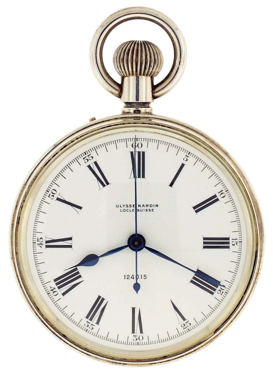 Ulysse Nardin, Le Locle &amp; Geneva, Switzerland, chronometer watch, 22 ligne, 19 jewels, stem wind, pin set, gilt bar movement with lever escapement, Guillaume balance, double roller, gold timing screws and micrometric regulator in a sterling silver, screw back and snap bezel, open face case, with Roman numeral, outer black 5-minute markers, white enamel dial, blued steel spade and poker hands, serial #124015. — Antique Clocks Price Guide