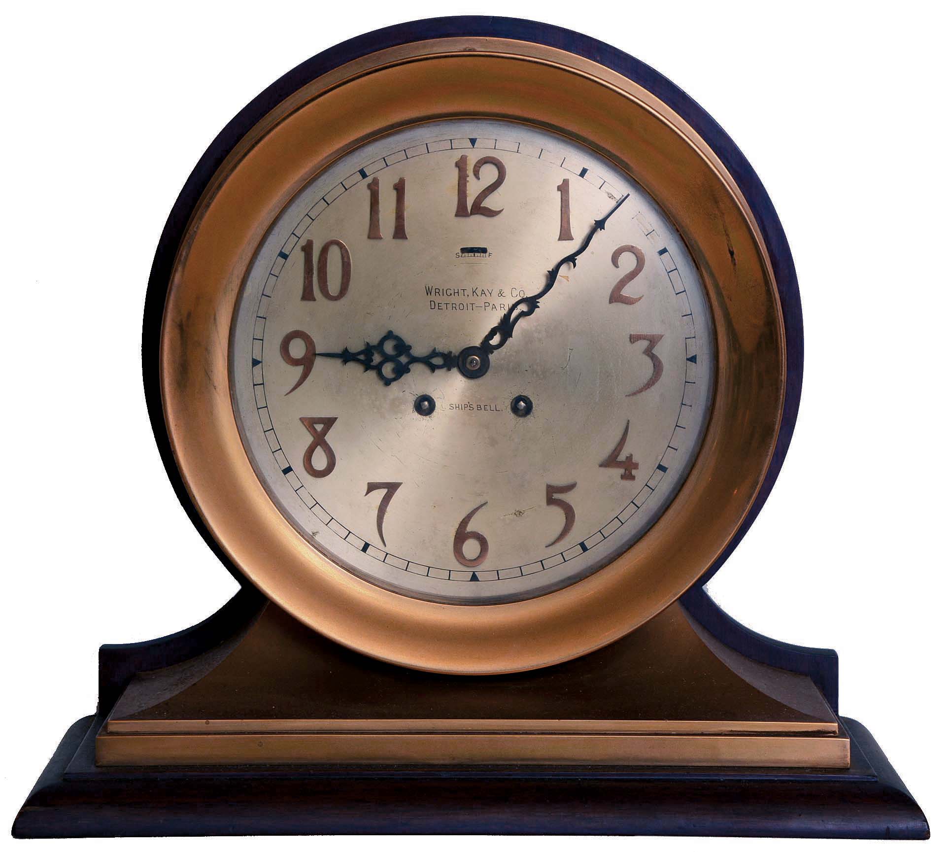 Chelsea Clock Co., Boston, Mass., "Commander", 8 days, time and strike spring brass lever movement ship's strike mantel clock retailed by Wright, Kay &amp; Co., Detroit-Paris. Serial No. 20113 — Antique Clocks Price Guide