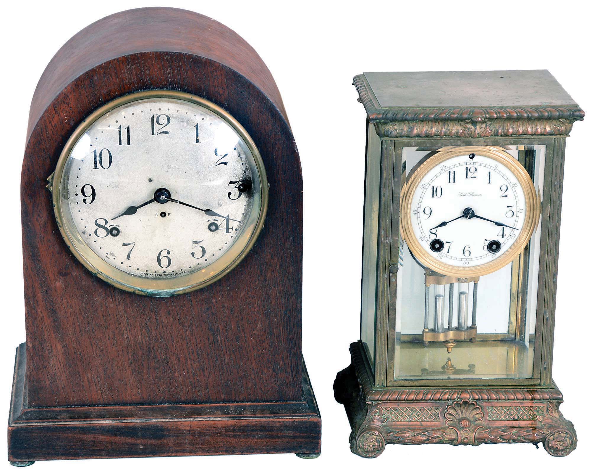 Clocks- 2 (Two): (1) Seth Thomas Clock Co., Thomaston, Conn., "Empire No. 13" Crystal Regulator with a spring driven 8 days time &amp; strike movement. c1909. (2) Seth Thomas Clock Co., Thomaston , Conn "Sonora Chime No. 11" shelf clock with a spring driven 8 days time and strike movement (4 bells) in a mahogany case. c1911. — Antique Clocks Price Guide