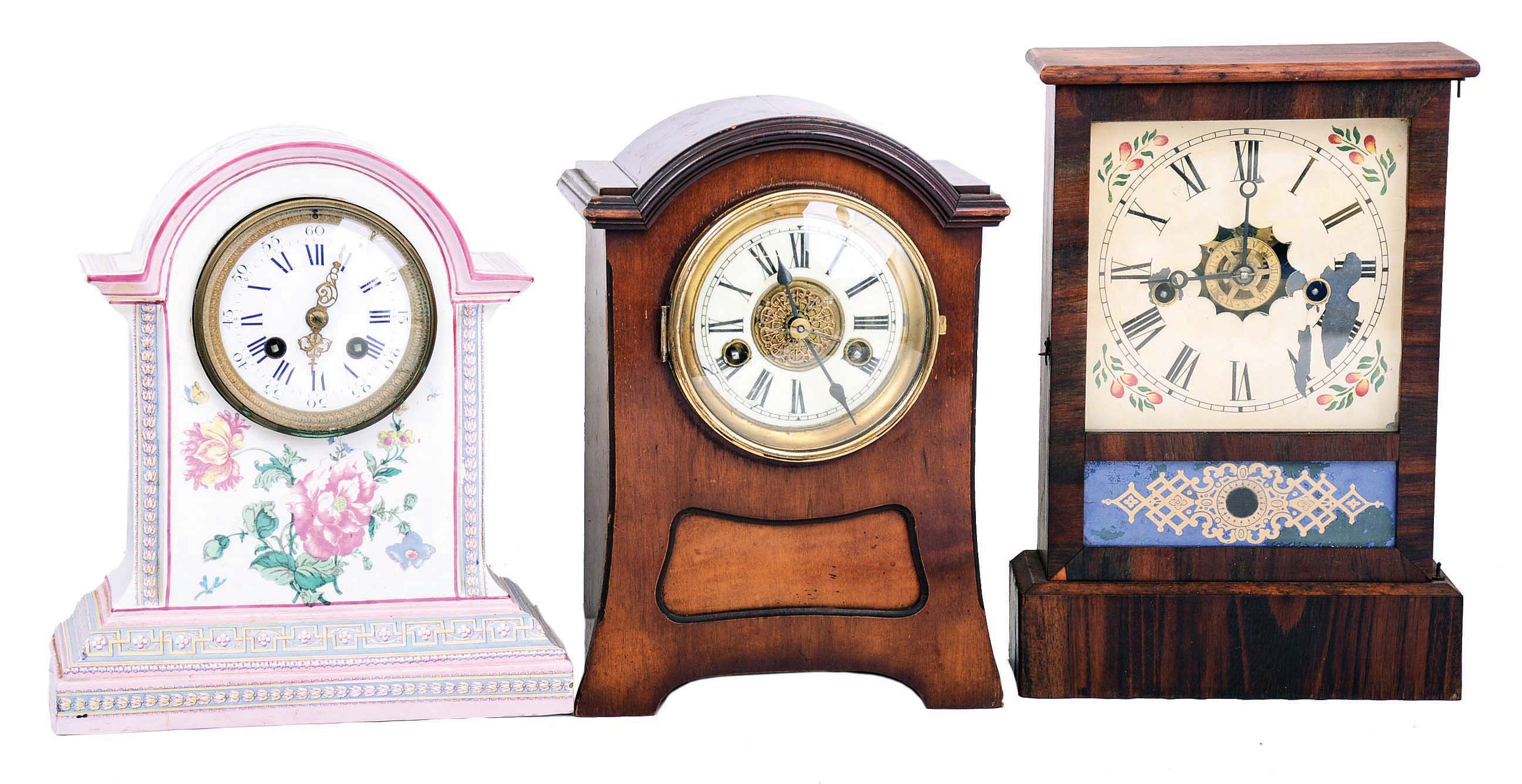 Clocks- 14 (Fourteen) antique: 2 day time and strike 8 day Japanese hanging school clocks; French 8 day time and strike wood tambour mantel clock, dial for Bailey, Banks &amp; Biddle; French porcelain 8 day time and strike mantel, case signed "Gien"; French black marble time and strike 8 day mantel, porcelain dial; New Haven 30 hour time and strike mahogany steeple; German Hamburg-American 8 day time and strike mahogany mantel; English 8 day time only gallery clock (not fusee) ; Sessions walnut 8 day time and strike parlor clock; Waterbury rosewood-veneer 30 hour time, strike and alarm cottage; French 8 day time only carriage clock in leather travel case, cylinder balance; Waterbury rosewood-veneer 30 hour time and strike small spring-wound OG shelf; Ingraham octagon top 30 hour time and strike shelf; Eco Magneto Clock Co., Boston, Mass., oak watchman's time recorder with several paper charts; late 19th and early 20th centuries — Antique Clocks Price Guide