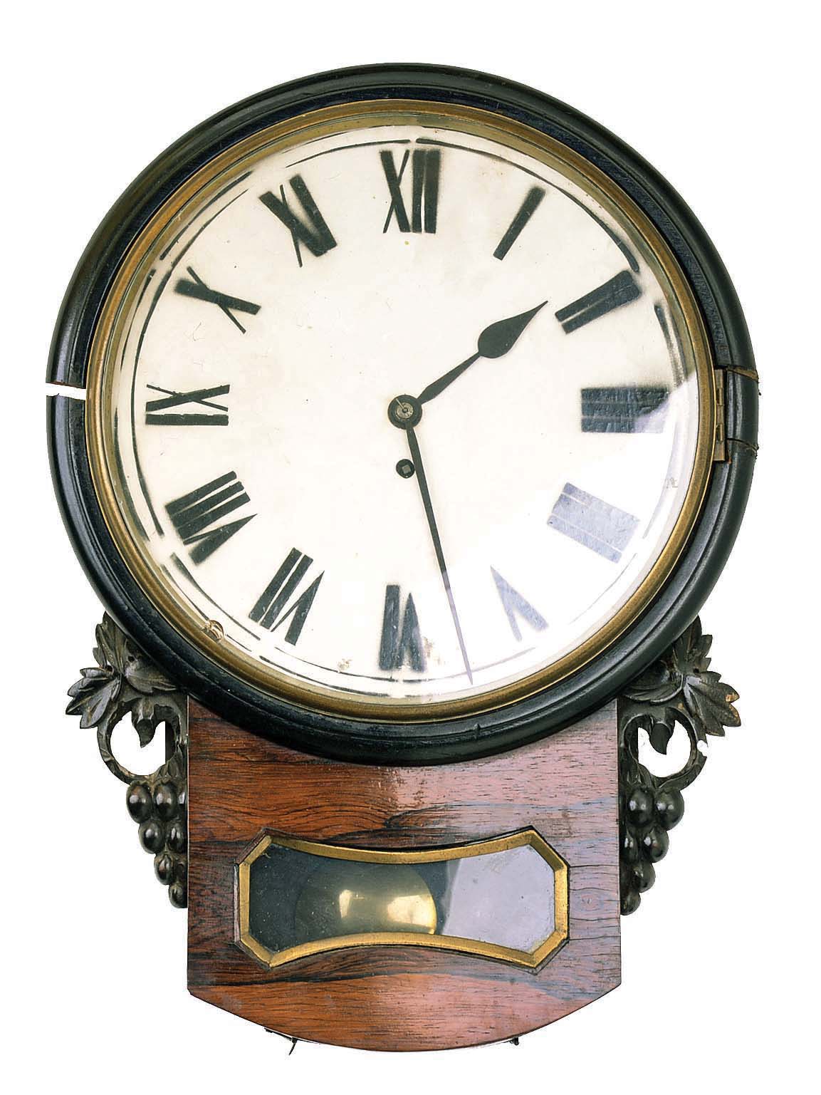 Clocks- 7 (Seven) antique: English walnut single-fusee 8 day wall; French Morbier bakery 8 day time and strike wall, glass dial; German "Exact" 8 day time and strike box wall regulator; Connecticut Vienna-regulator style 8 day time and strike wall; Gilbert 30 hour time and strike weight-driven OG shelf; Connecticut 8 day time and strike weight-driven column and splat shelf clock; German oak Westminster chime 8 day grandmother clock; late 19th and early 20th centuries — Antique Clocks Price Guide