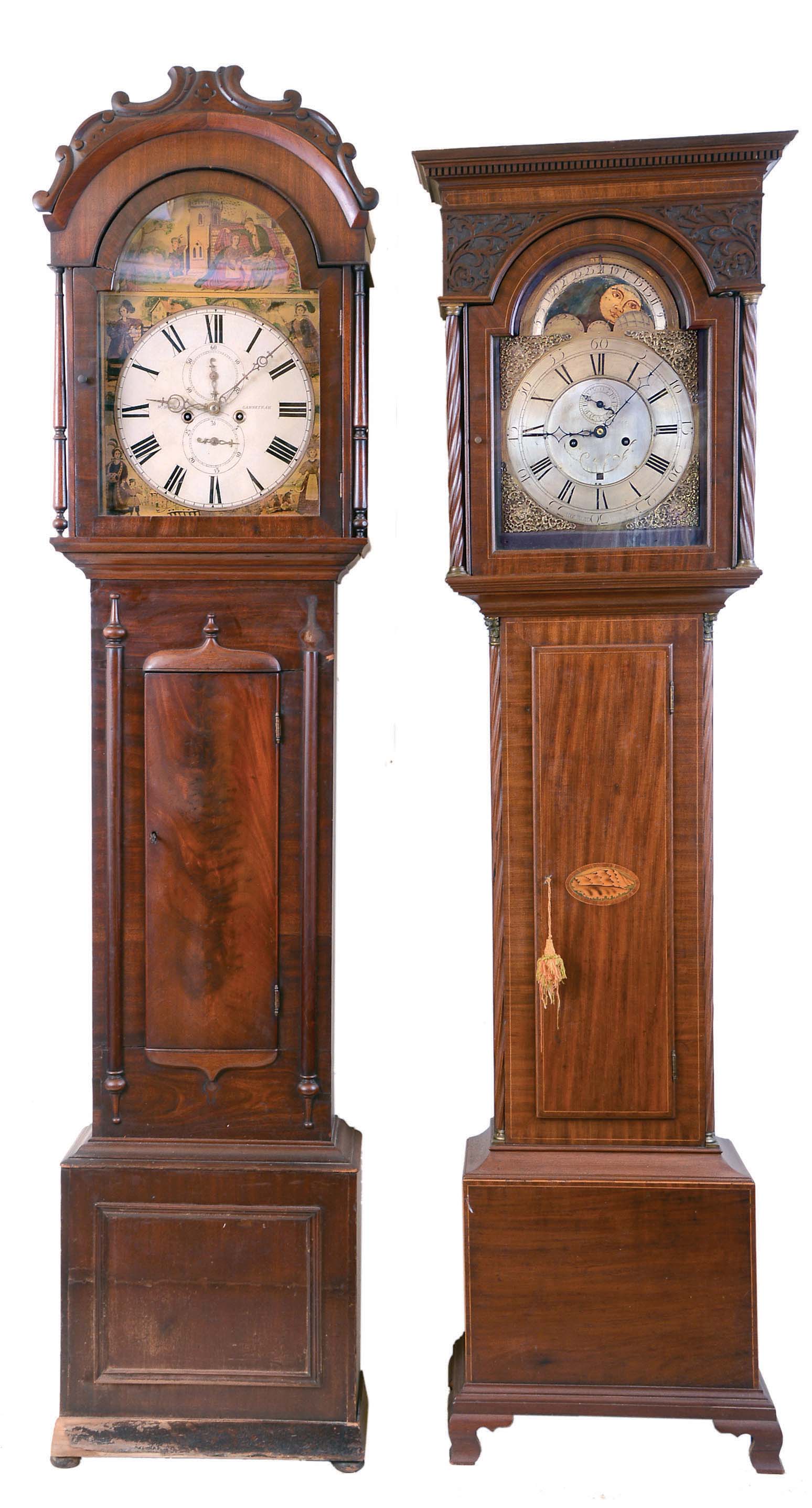 Tall Clocks- 2 (Two) English, 8 days, time and strike, weight driven movements in mahogany veneer cases with second bit's and calendars; one signed "W. Morton, Gamnethan" c1840 and the other by John Holroyd signed "Holroyd, Wakefield" with a brass dial and moon phase, c1780 — Antique Clocks Price Guide