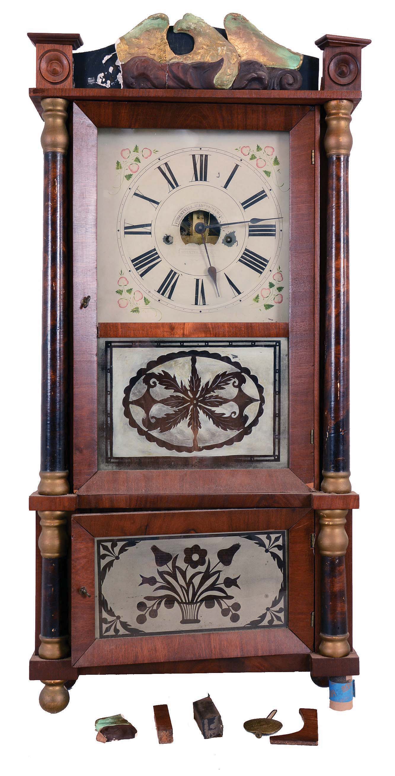 Clocks- 3 (Three): (1) Eli Terry &amp; Son, Plymouth Hollow, Conn., Column and Splat shelf clock with a weight driven 30 hours time and strike wooden works in a stenciled mahogany veneered case, c1832. (2) Birge, Peck &amp; Co., Bristol, Conn., Cornice and Column shelf clock with a weight driven 8 days time and strike brass Ives-style strap movement in a mahogany veneered case. c1855. (3) Forestville Manufacturing Co., Bristol, Conn., 8 days, time and strike weight brass movement double decker shelf clock. c1845. — Antique Clocks Price Guide