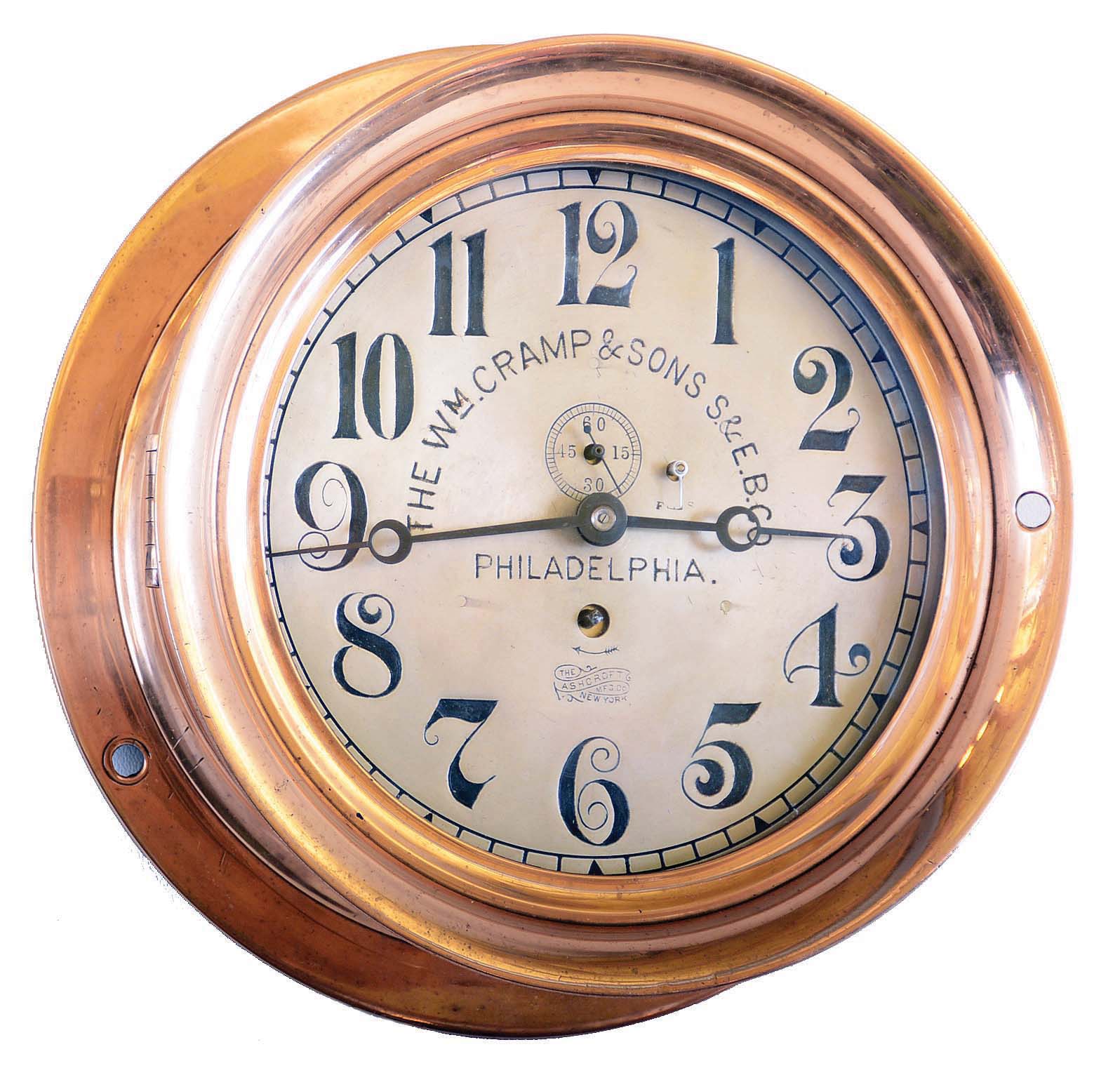 Chelsea Clock Co., Boston, Mass., for "The Wm. Cramp &amp; Sons, S. &amp; E. B. Co.", Philadelphia, by Ashcroft Mfg. Co., New York, brass hinged-bezel 8 in 8 day time only engine room clock #22639. — Antique Clocks Price Guide