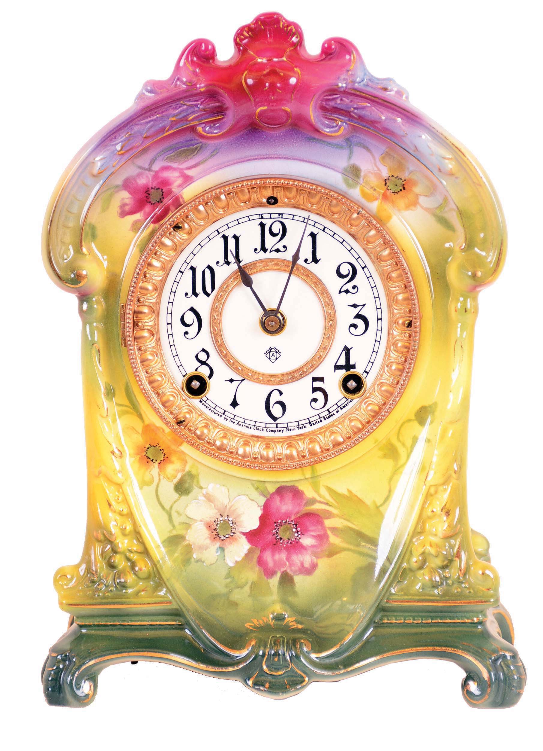 Ansonia Clock Co., New York, NY, "La Cruz" 8 day time and strike Royal Bonn porcelain mantel clock, — Antique Clocks Price Guide