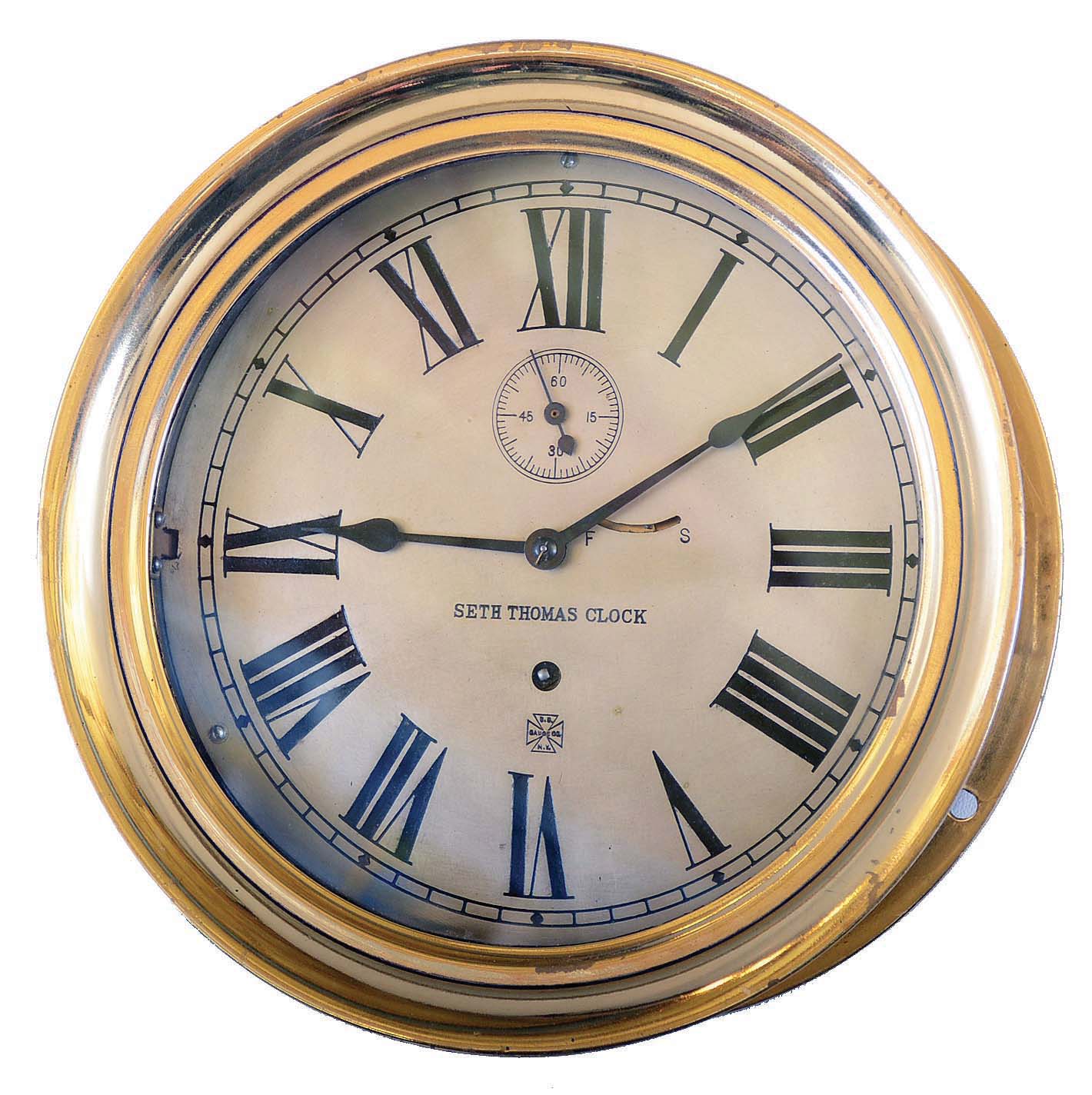 Seth Thomas Clock Co., Thomaston, Conn., brass hinged bezel 8 day time only engine room wall clock, 8 in dial also signed U.S. Gauge Co., NY — Antique Clocks Price Guide