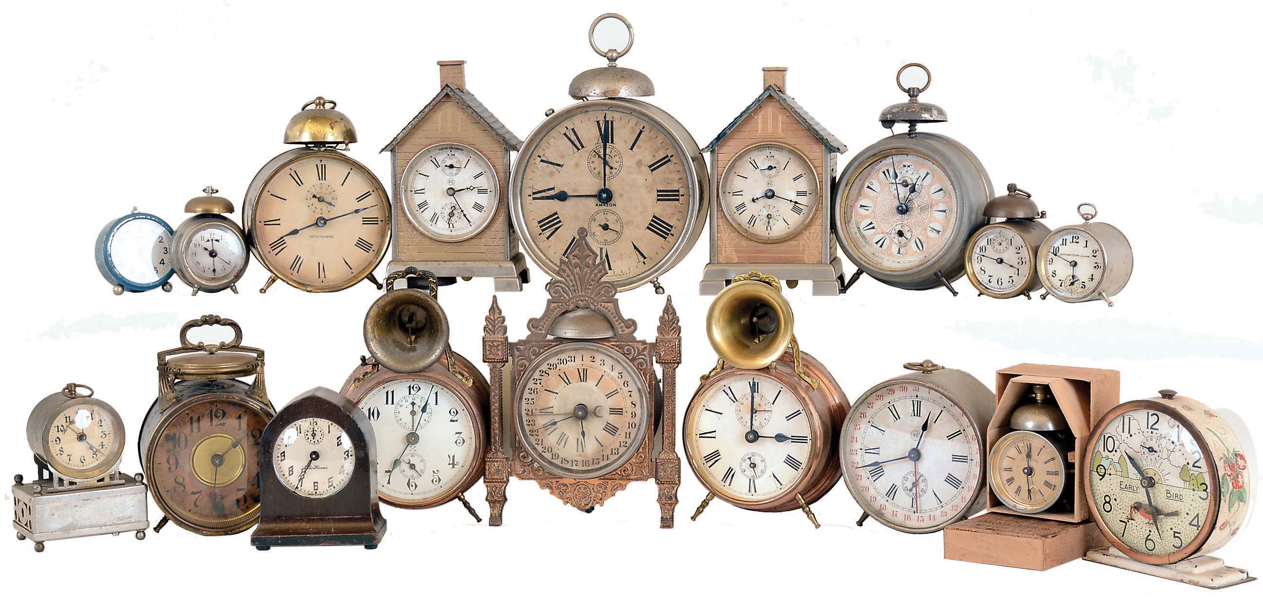 Clocks- 18 (Eighteen) Alarm, mostly American, all antique and vintage. Makers include Ansonia (one Bee in original box) , Seth Thomas, Waterbury, New Haven, Hamburg-American with top cones, and Early Bird automated. Early to mid 20th century. — Antique Clocks Price Guide
