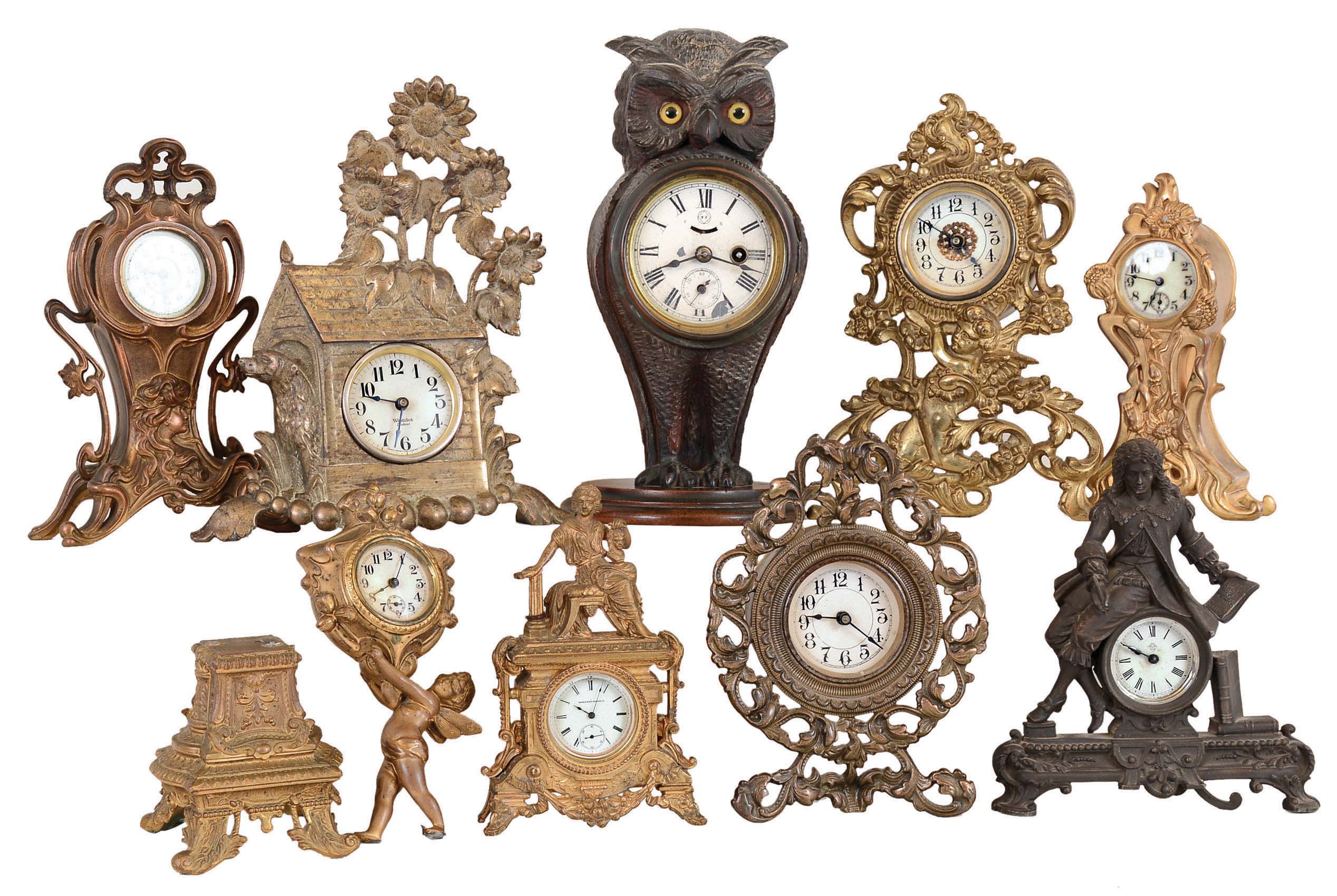 Clocks- 9 (Nine) Novelty cast metal American 30 hour time only; makers include Westclox, Ansonia, Seth Thomas, Waterbury, and one with a replacement Elgin pocket watch movement, late 19th and early 20th centuries — Antique Clocks Price Guide