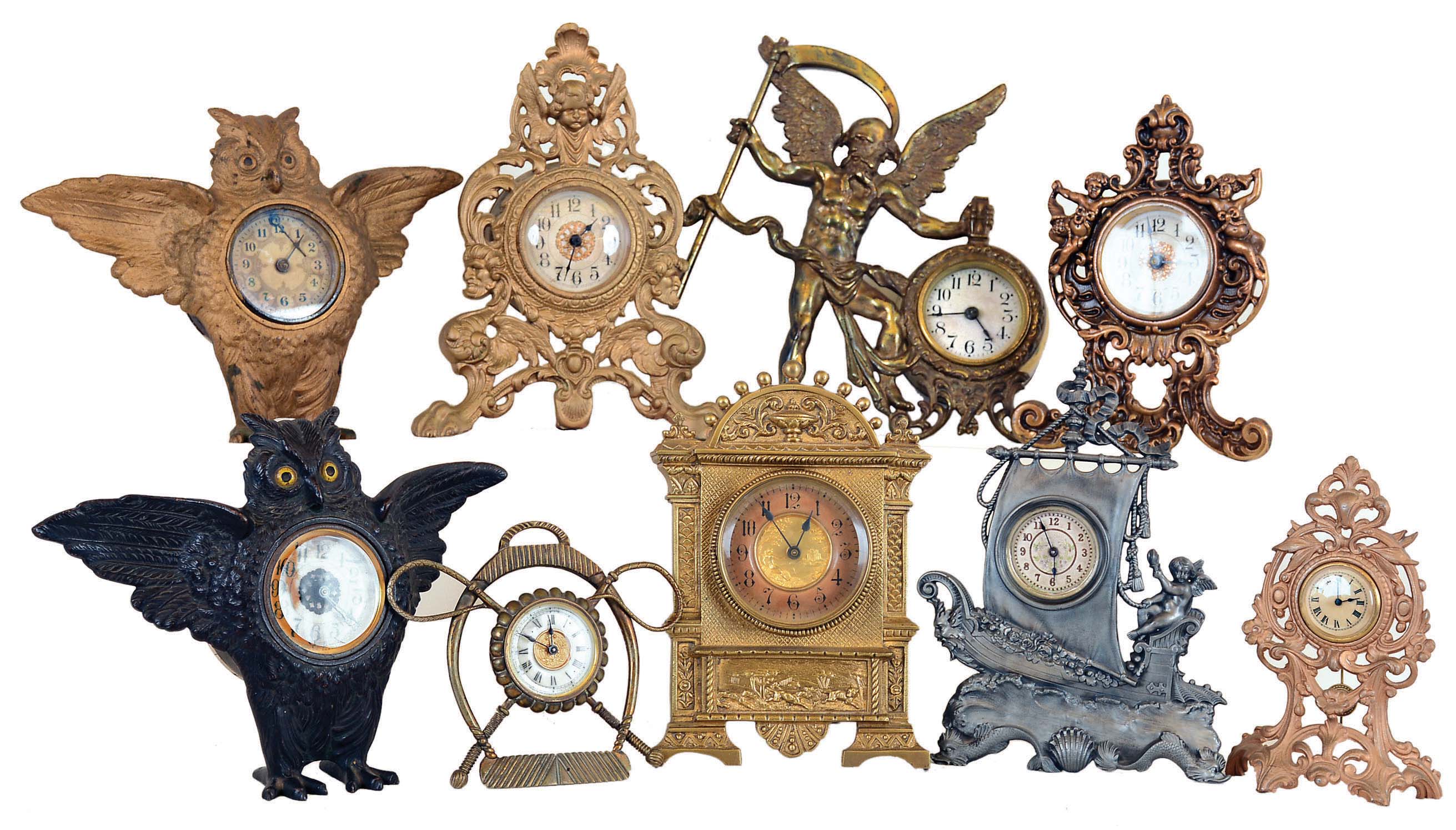 Clocks- 9 (Nine) novelty cast metal 30 hour, all antique except for one modern with functional pendulum. Makes includes Ansonia and Western. Early 20th century. — Antique Clocks Price Guide