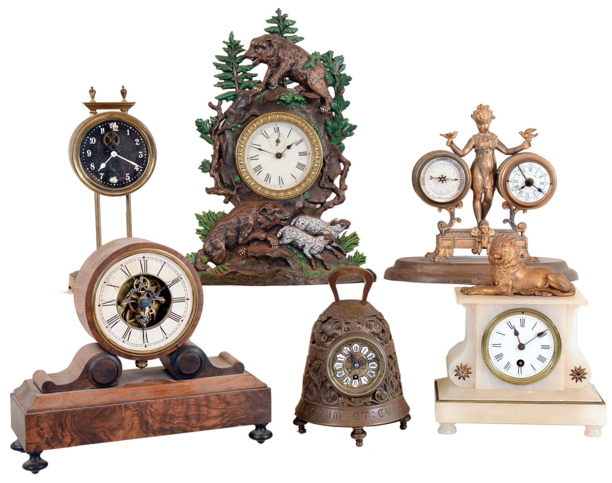 Clocks- 6 (Six) French Novelty 8 day and 30 hour time only mantel clocks. Includes gravity clock, Farcot (?) with visible front of movement, figural with alarm and barometer, onyx with top lion, bell form, and painted iron forest hunting theme. — Antique Clocks Price Guide