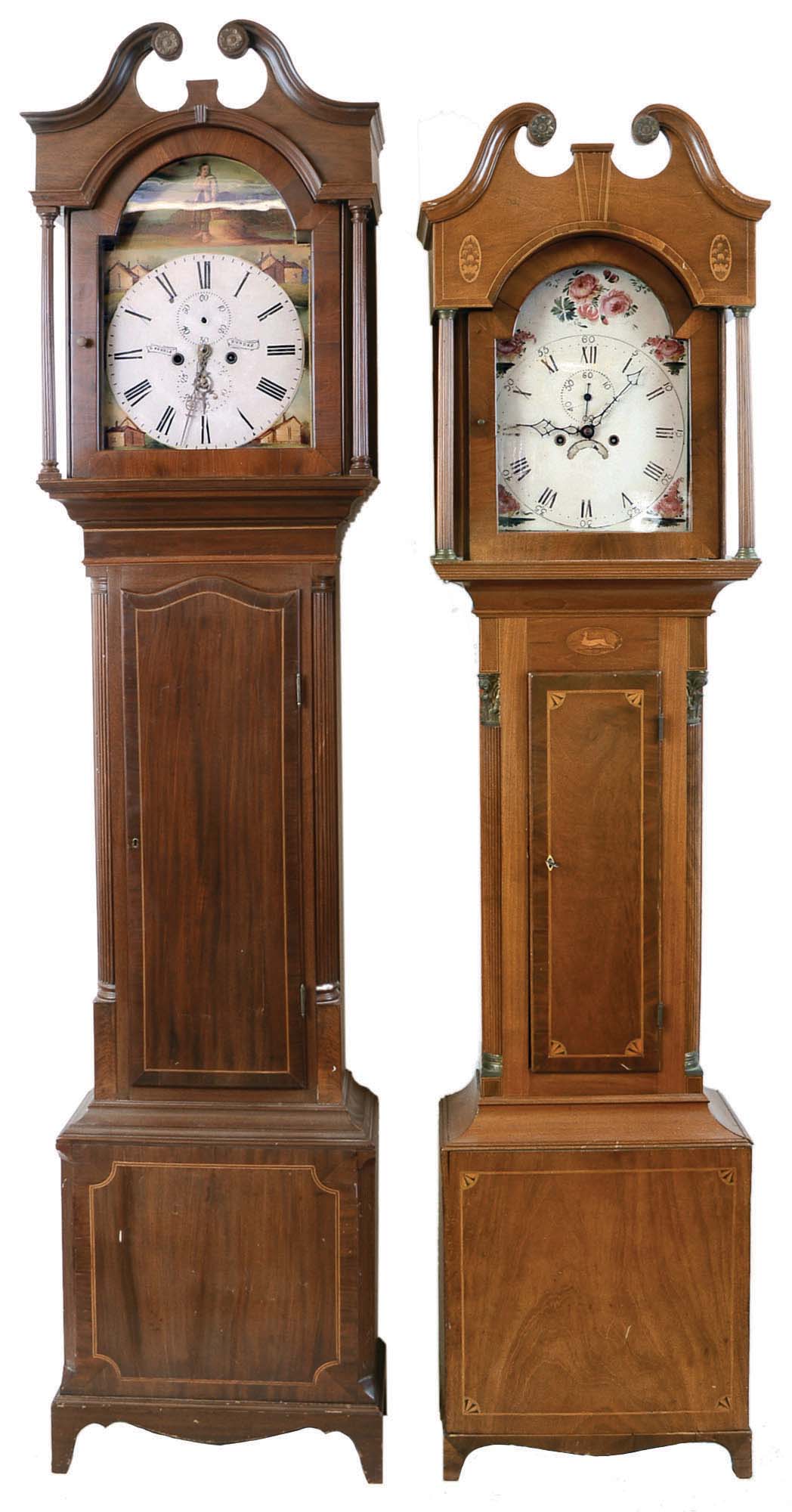 Tall Clocks- 3 (Three) English/Scottish and one English case (only): (1) Unsigned, mahogany veneer case with deer inlay and fluted corner columns and brass capitals; (2) Wehrle, Dundee (Scotland) mahogany veneer case with fluted corner columns and string inlay; (3) Unsigned, mahogany case with cutout crest and tombstone door; (4) Case only, quarter sawn oak with reeded corner columns, a first half 19th century. — Antique Clocks Price Guide