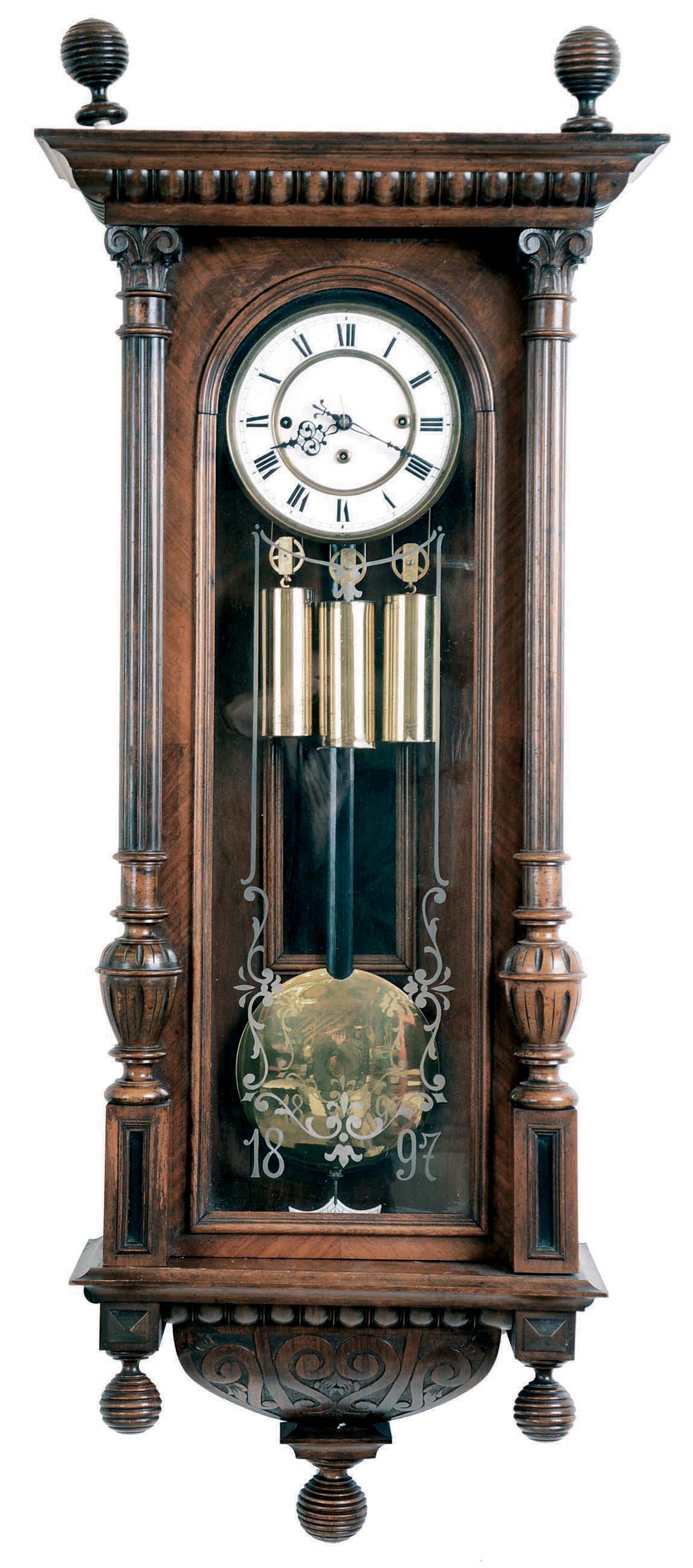 German "Remember" 3 Weight Grand Sonnerie 8 day Walnut Vienna Regulator Wall Clock, movement #200,000-39677. — Antique Clocks Price Guide