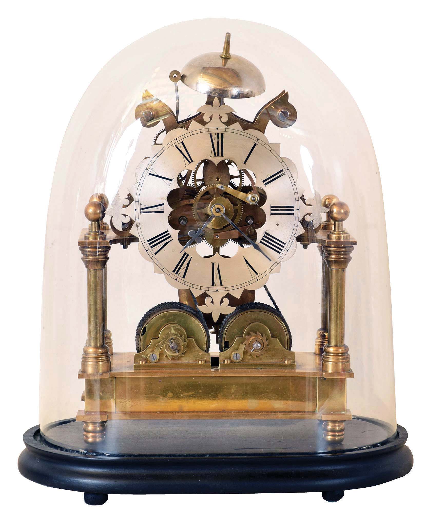 England, an unusual two train skeleton clock, 8 day time and strike movement recoil escapement, pierced brass plates and four turned pillars, supported on a heavy, brass portico base with turned columns finials, and feet, the spring barrels attached to the base, Gothic inspired Roman numeral silvered dial, blued steel hands, with oval base and dome, 20th century — Antique Clocks Price Guide