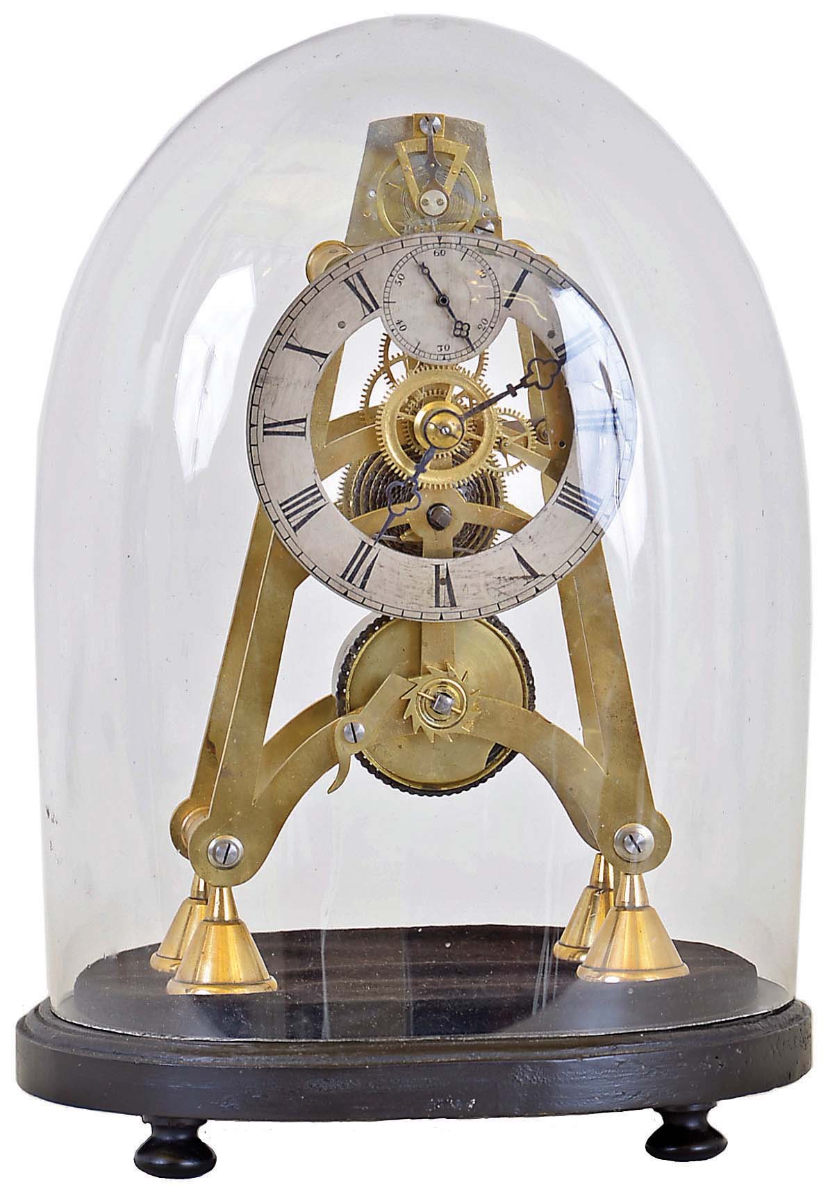 English, single chain fusee skeleton timepiece, with robust English duplex escapement, vertical platform on rear plate. — Antique Clocks Price Guide