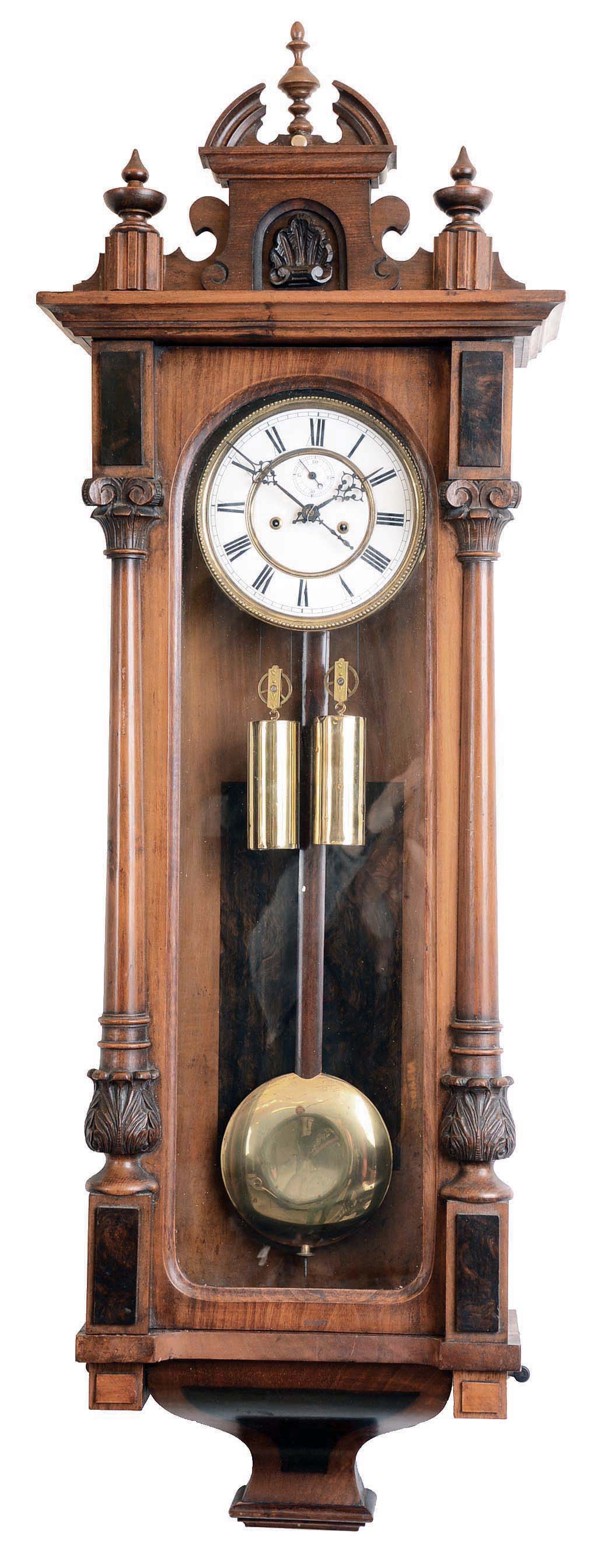 Clocks- 2 (Two) German hardwood 8 day 2 weight Vienna regulator wall clocks: "MS" Miller-Schlenker. Schwinninger #60433; "RMS" Mueller &amp; Co. #27515; late 19th century — Antique Clocks Price Guide
