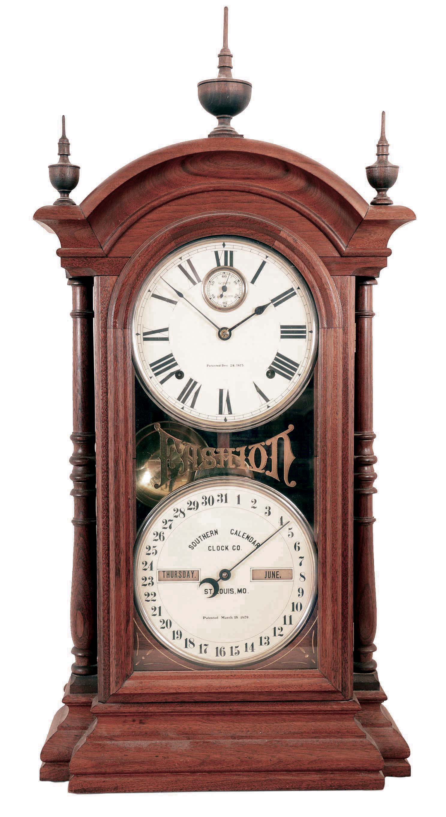 Seth Thomas Clock Co., Thomaston, Conn., for the Southern Calendar Clock Co,, St. Louis, MO. "Fashion No. 4", 8 days, time and strike spring brass movement double dial calendar shelf clock. — Antique Clocks Price Guide
