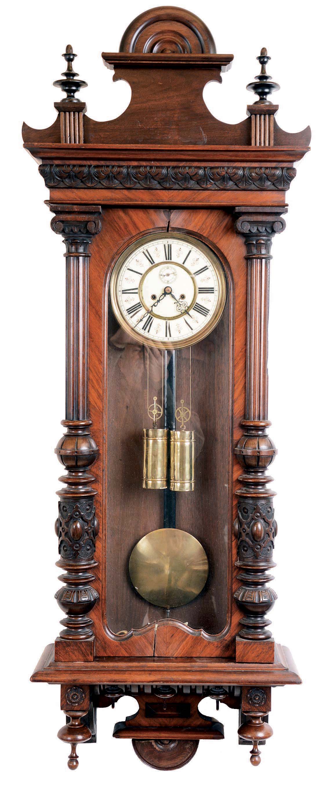German Vienna Regulator 2 Weight 8 Day Walnut Wall Clock, multi-color dial, unsigned movement #20644. — Antique Clocks Price Guide