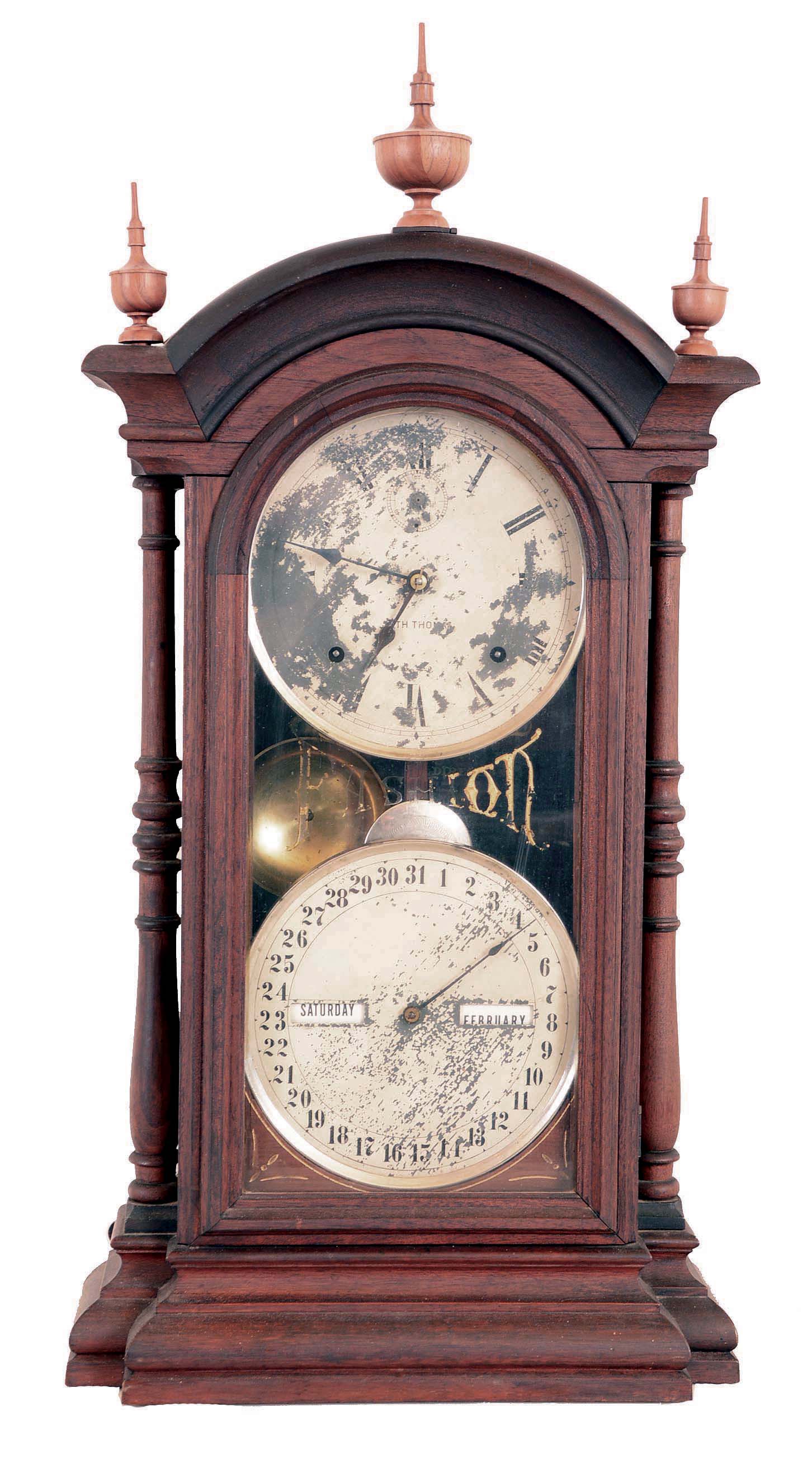 Seth Thomas Clock Co., Thomaston, Conn., "Fashion No. 3-4 variant", 8 days, time and strike spring brass movement double dial shelf clock. — Antique Clocks Price Guide