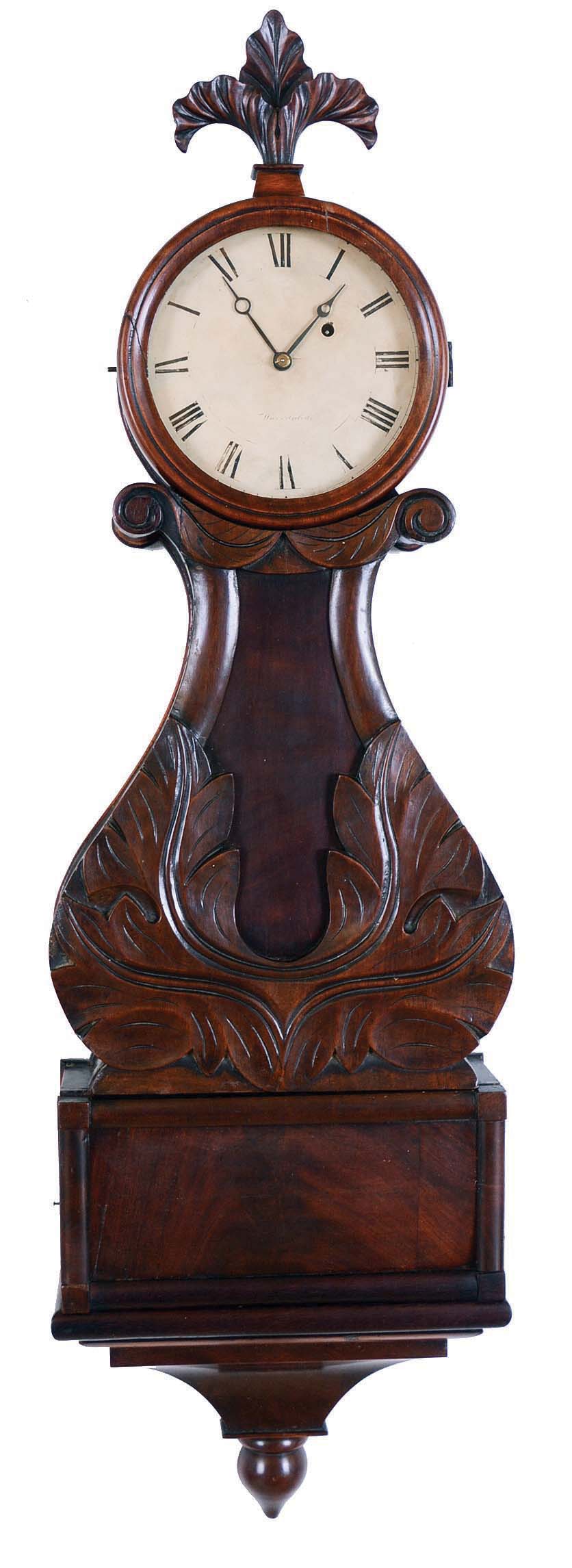 (Attributed to) Abel Stowell, Charlestown, MA, 8 day brass movement lyre banjo timepiece. The clock may have been made by Stowell as another with nearly identical carving has recently been sold at auction. Another example with a similar carved front by L. W. Noyes can be found in "Willard's Patent Time Pieces" by Paul Foley, pg 136 — Antique Clocks Price Guide