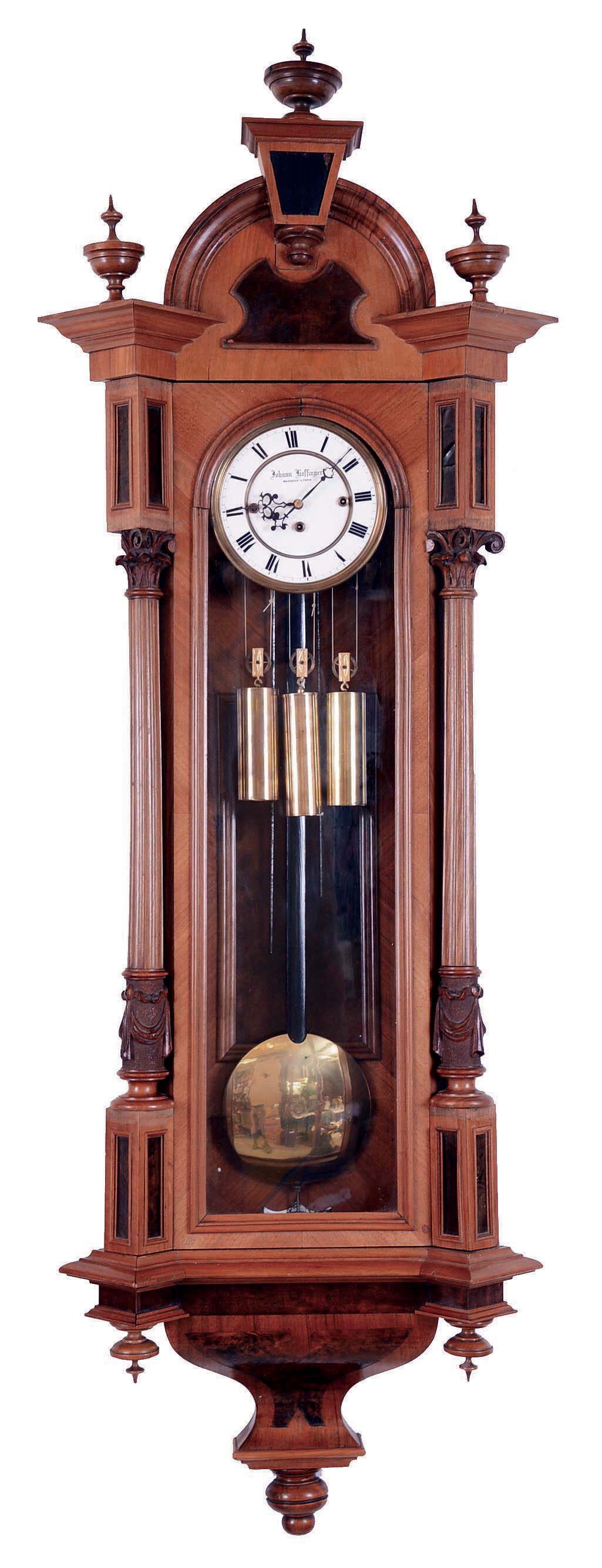 Johann Hoffinger, Waidhofen a/d Thaya, Austrian fruitwood 3 weight grand sonnerie wall clock — Antique Clocks Price Guide