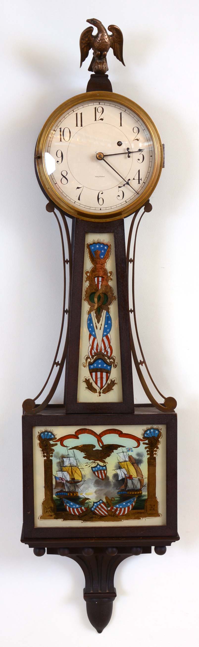 Waltham Clock Co., Waltham, Mass., 8 days, brass weight movement patent or banjo timepiece. Serial No. 7474 — Antique Clocks Price Guide