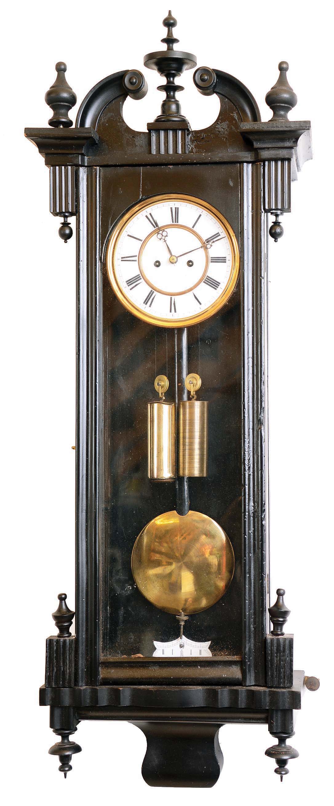 Clocks- 3 (Three) 8 day time and strike wall clocks: German 1877 "Schutz Marke of Furtwaengler-Soehne" small 2-weight ebonized Vienna regulator; German Walnut 1925 "FMS" Mauthe free-swinger with fancy pendulum and dial center; French round dark stained mahogany case, balance platform and bell strike, c1910 — Antique Clocks Price Guide