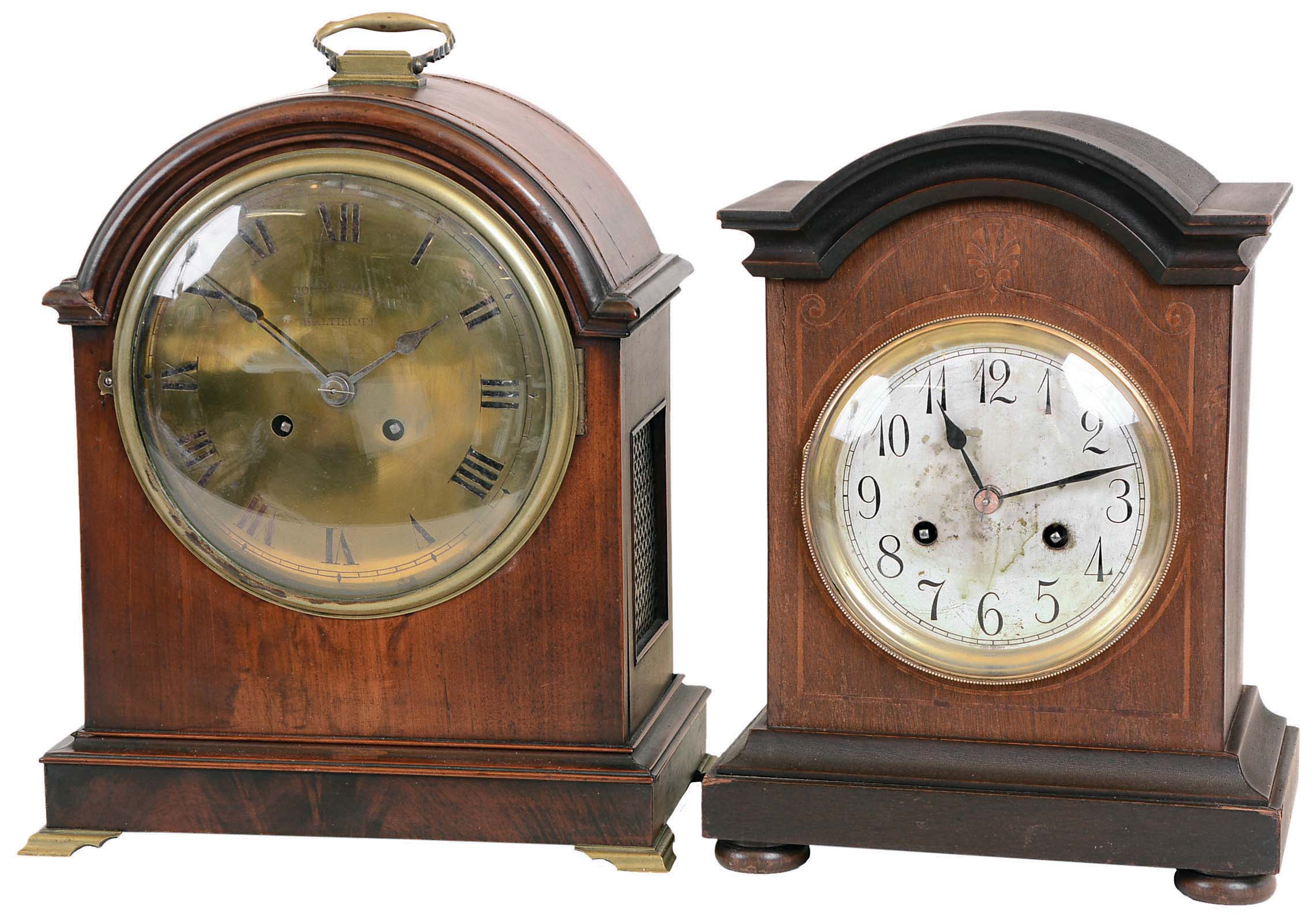 Clocks- 2 (Two) German Bracket mahogany 8 day time and quarter-hour bim-bam strike: Junghans with B10 movement; German trademark on rear plate, dial signed J.R. Hare, Baltimore; early 20th century — Antique Clocks Price Guide