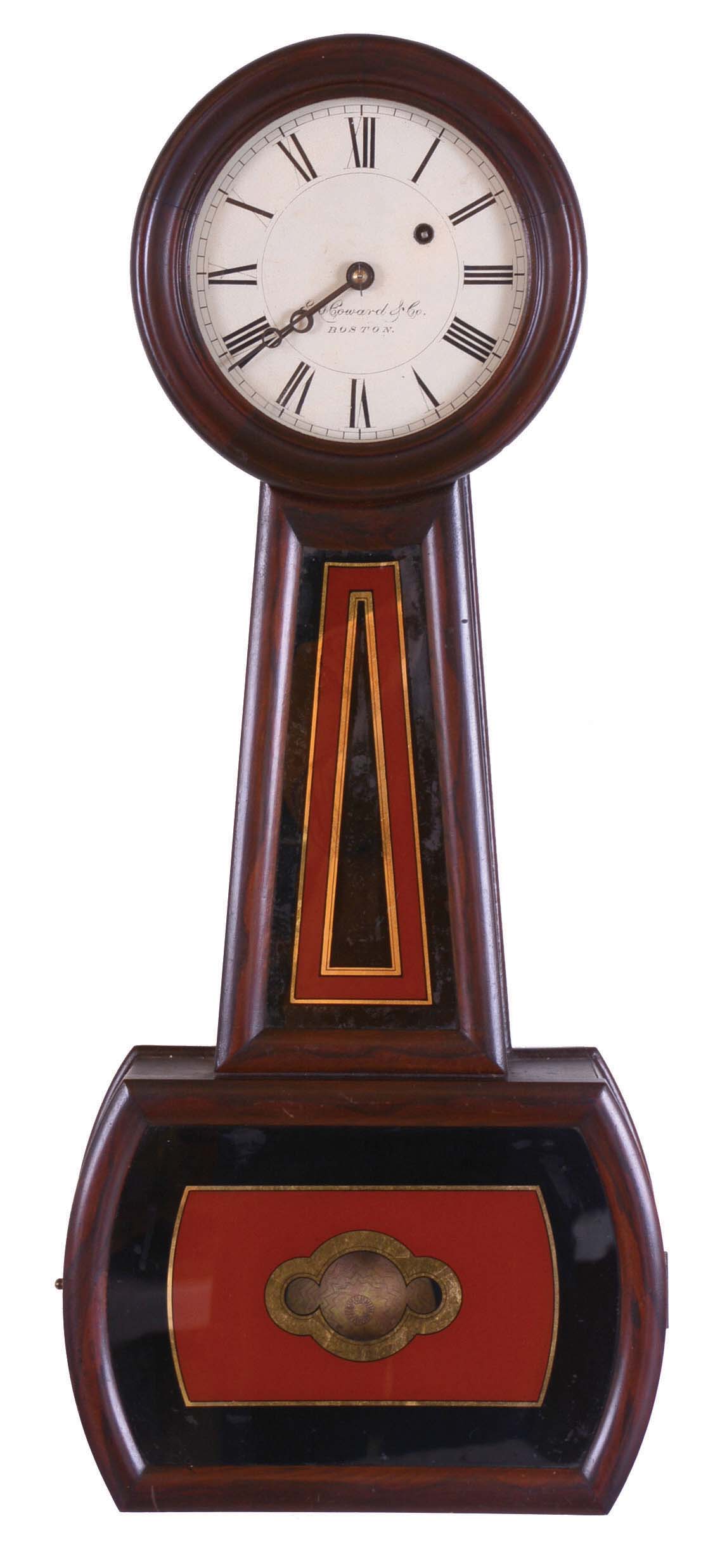 E. Howard &amp; Co., Boston, Mass., "No. 5 Regulator" banjo wall clock, 8 days, time only, weight driven movement in a rosewood grained mahogany case with reverse painted throat and lower tablet and painted metal dial — Antique Clocks Price Guide