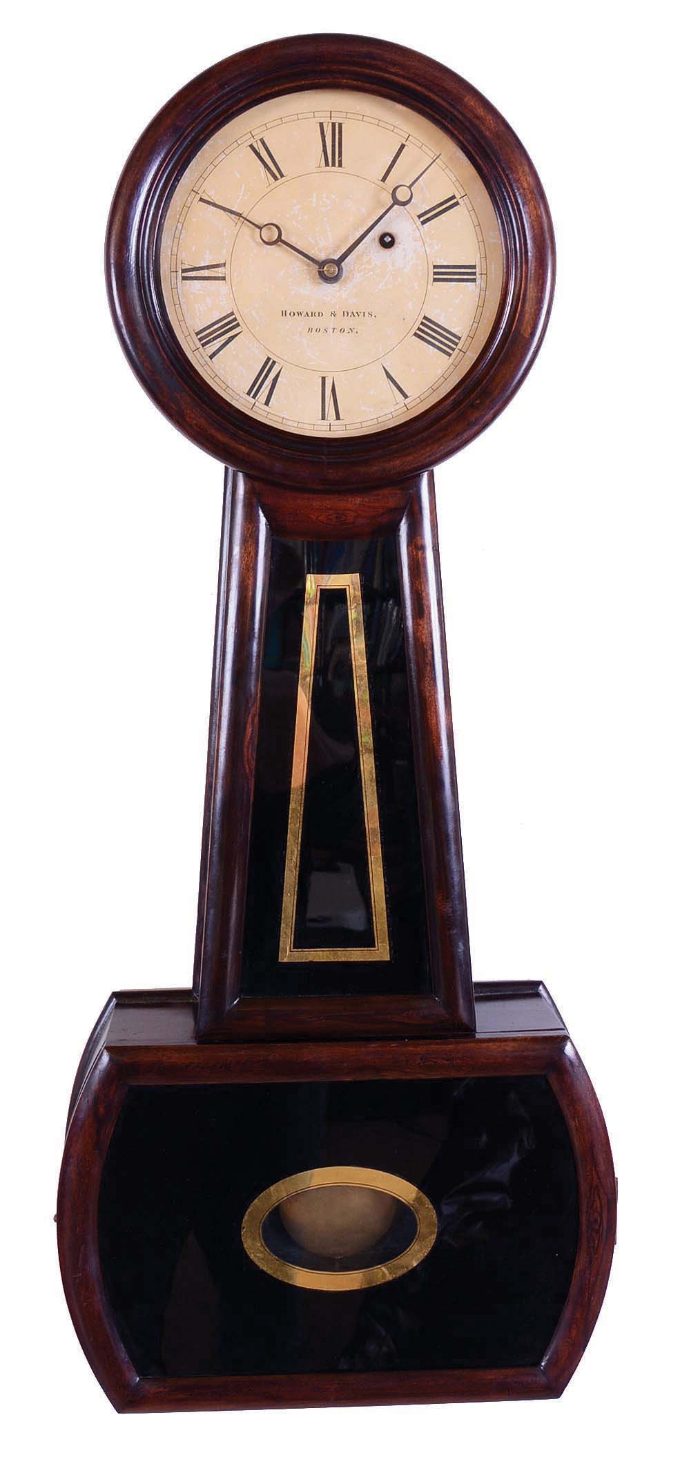 Howard &amp; Davis, Boston, Mass., "Regulator No. 4", banjo wall clock, 8 days, time only, weight driven movement in a rosewood grain painted mahogany case with a, painted metal dial and reverse painted throat and lower tablets. — Antique Clocks Price Guide