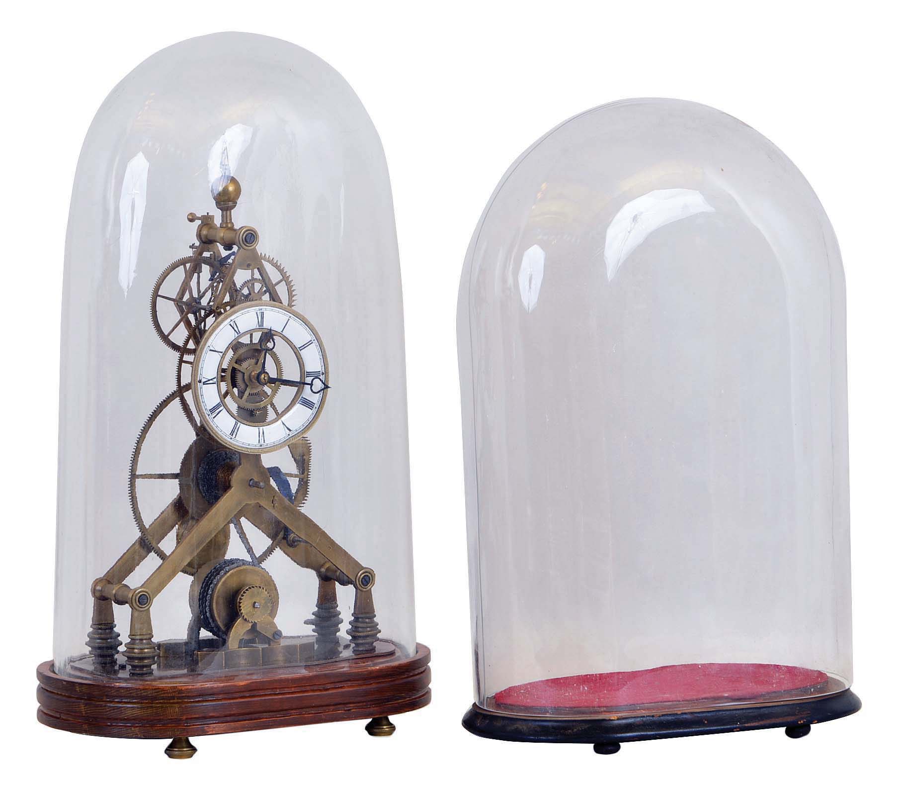 Skeleton clock and a dome- (1) Chinese reproduction 8 day, spring brass fusee movement great wheel skeleton timepiece with porcelain dial. (2) Reproduction glass dome and base suitable for a skeleton clock. — Antique Clocks Price Guide